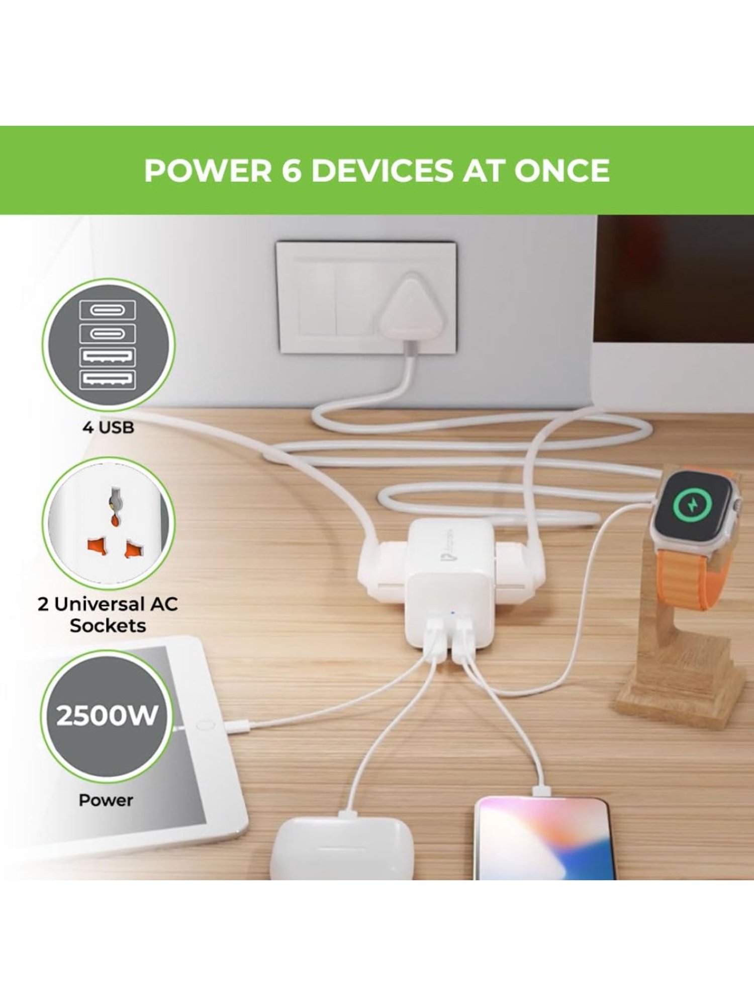 UltraProlink Power Qube 65 Extension Board Surge Protector with 2 Universal Sockets 2500W (White)