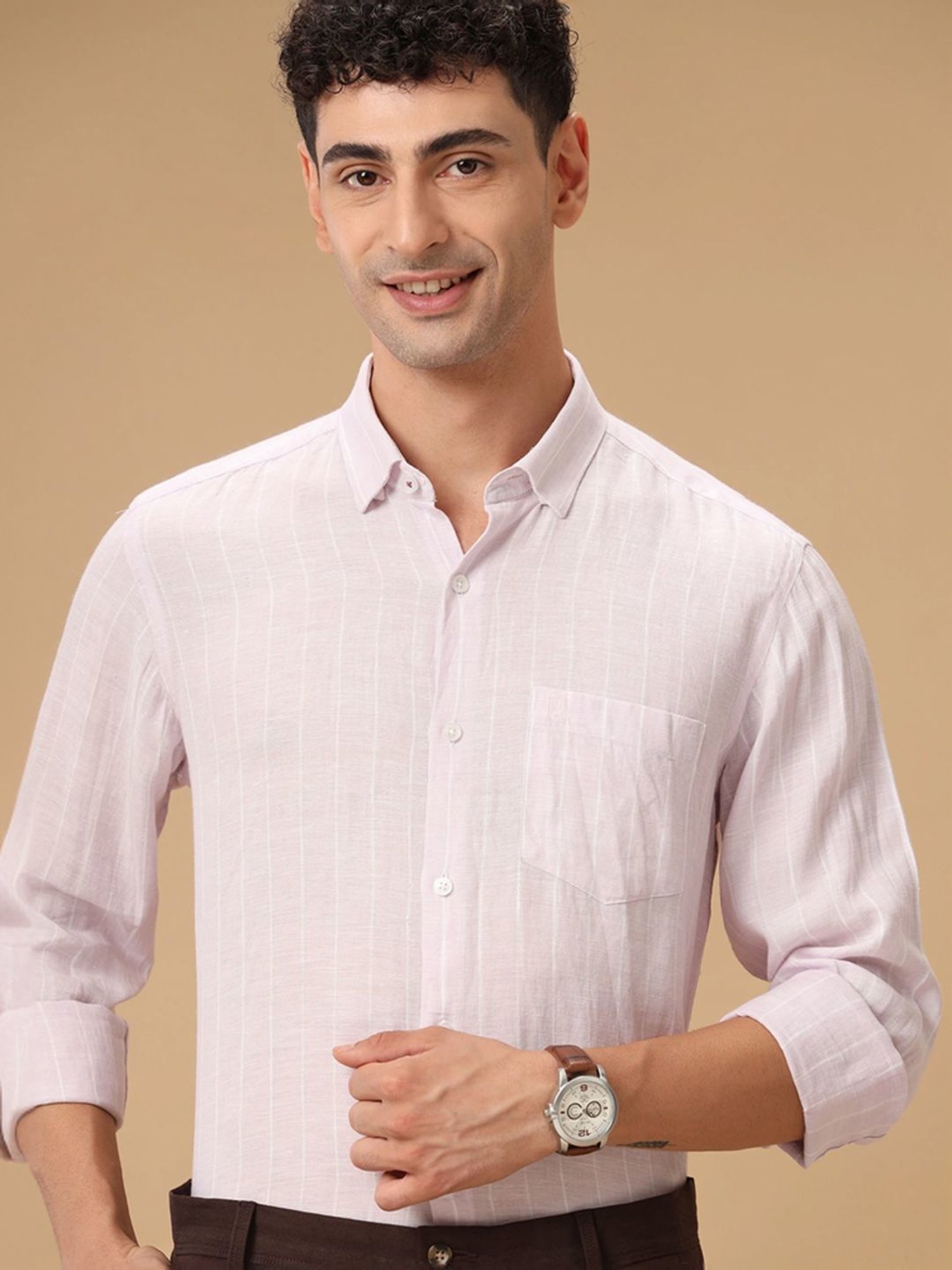 Linen Club Purple Linen Contemporary Fit Striped Shirt