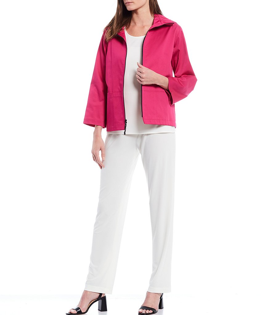 Caroline Rose Stretch Cotton Blend Ruched Collar Zip Front Jacket
