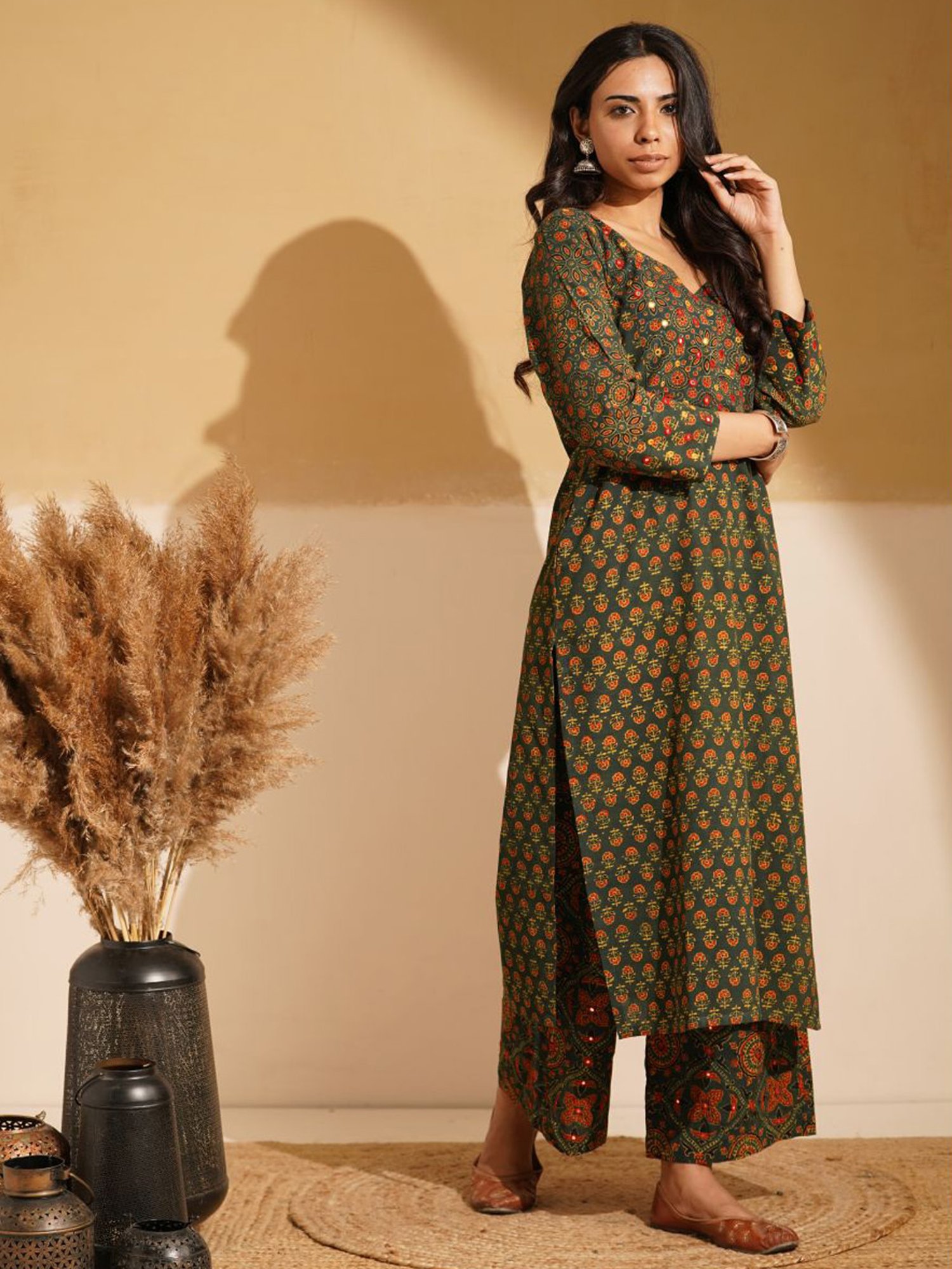 Love Chic Green Ajrakh Cotton Straight Kurta