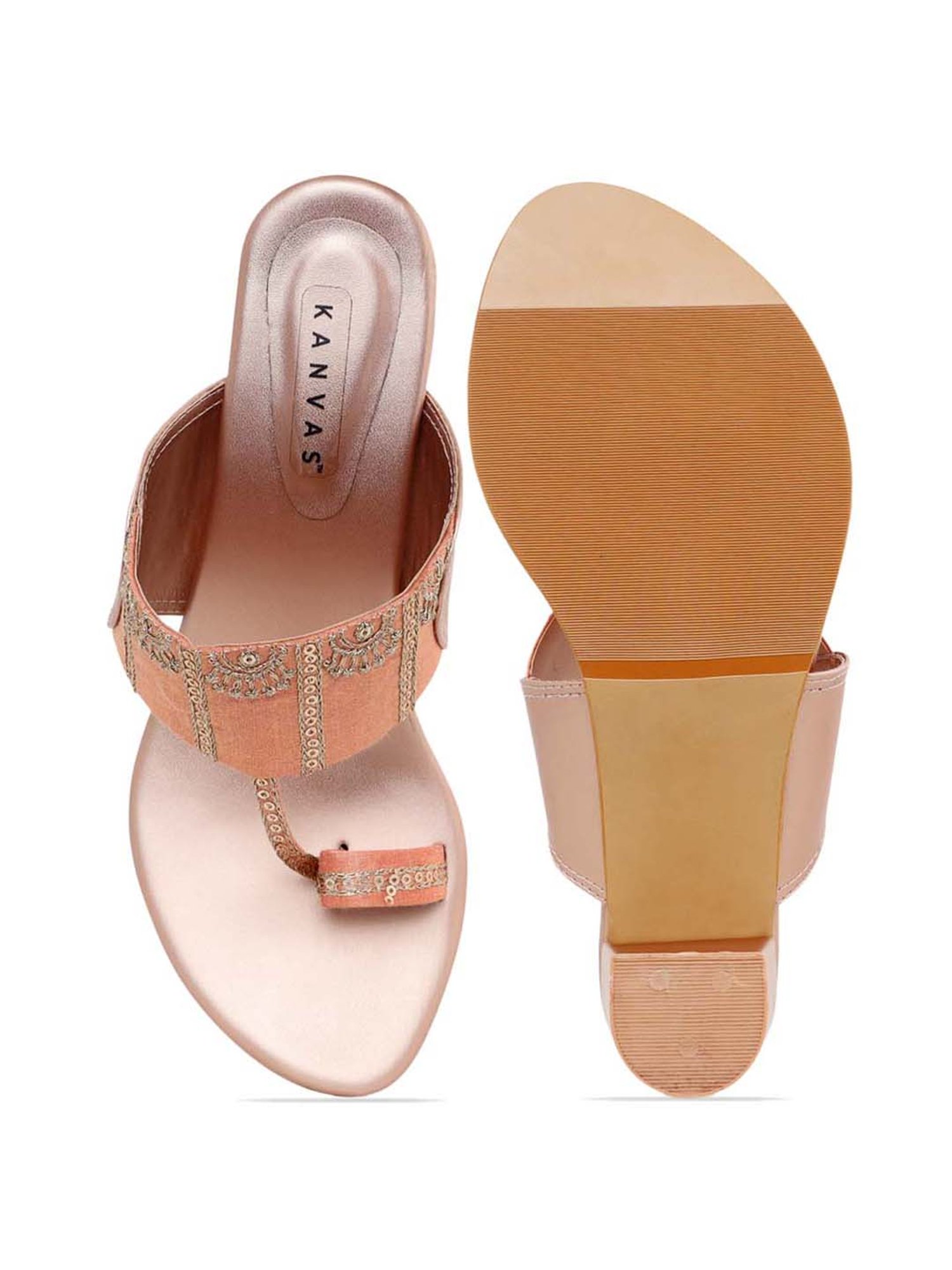 KANVAS Women's Desi Embroidery Peach Toe Ring Sandals