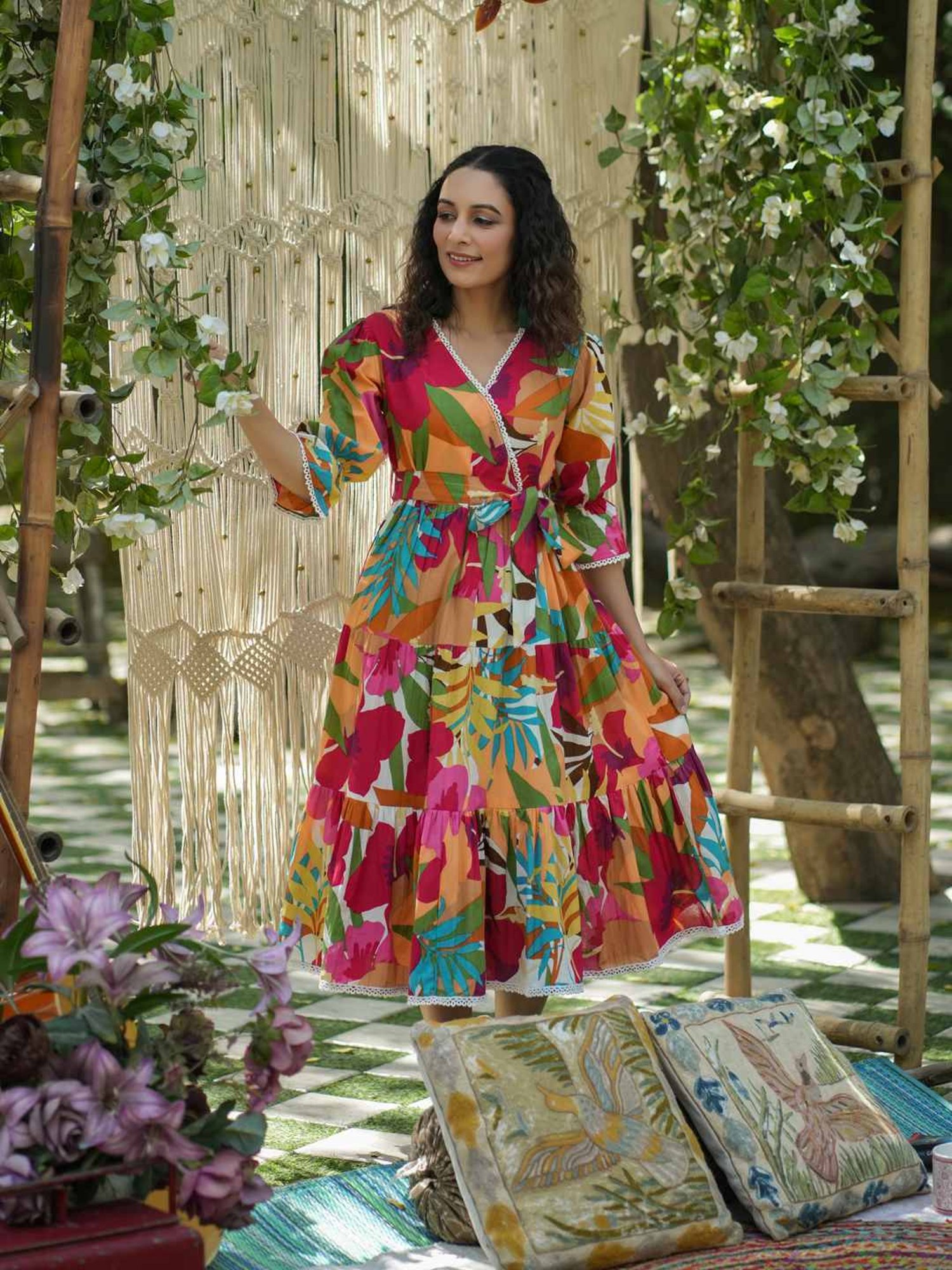 Rain and Rainbow Multicolored Cotton Floral Print A-Line Dress