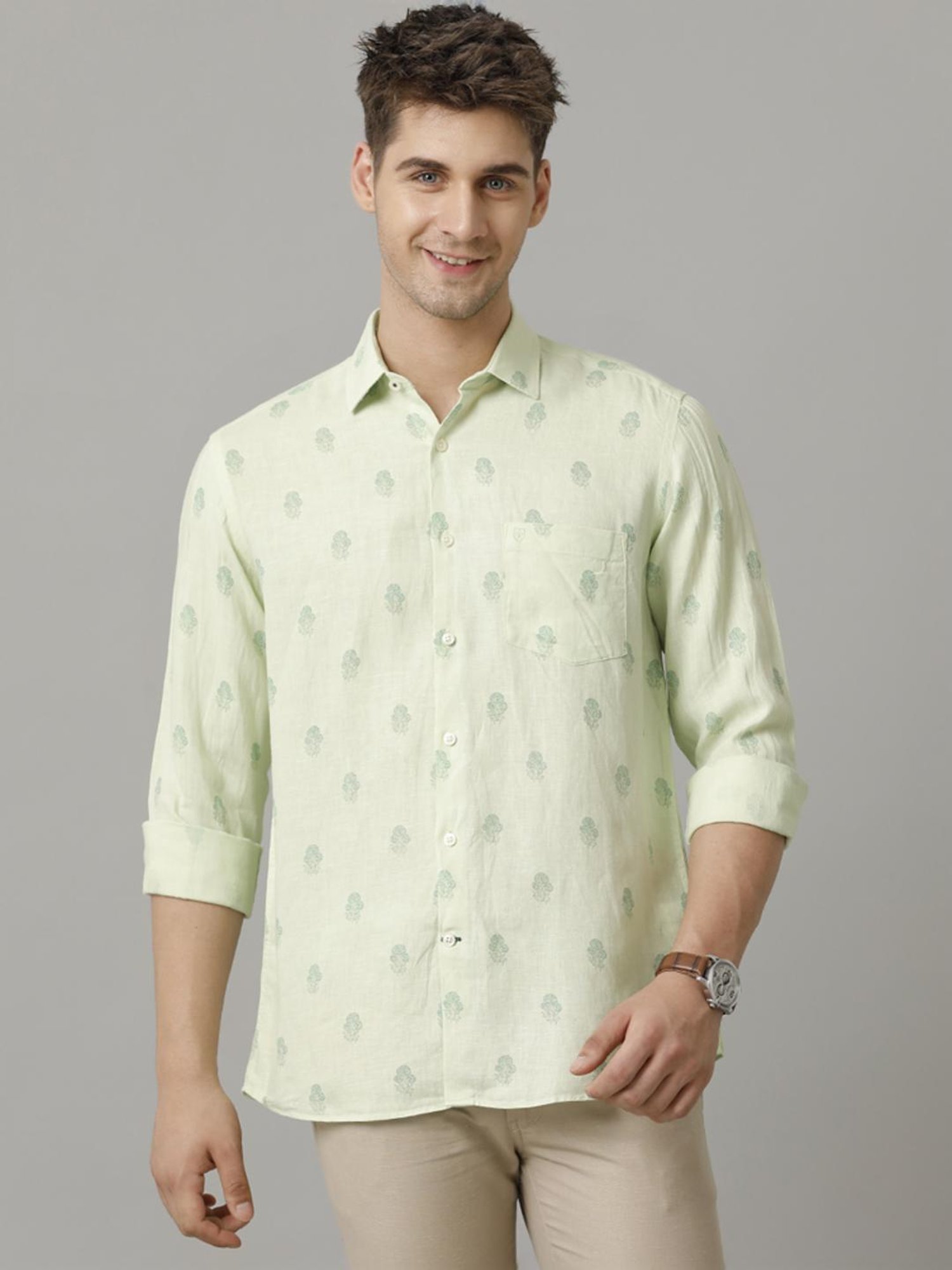 Linen Club Green Linen Contemporary Fit Printed Shirt