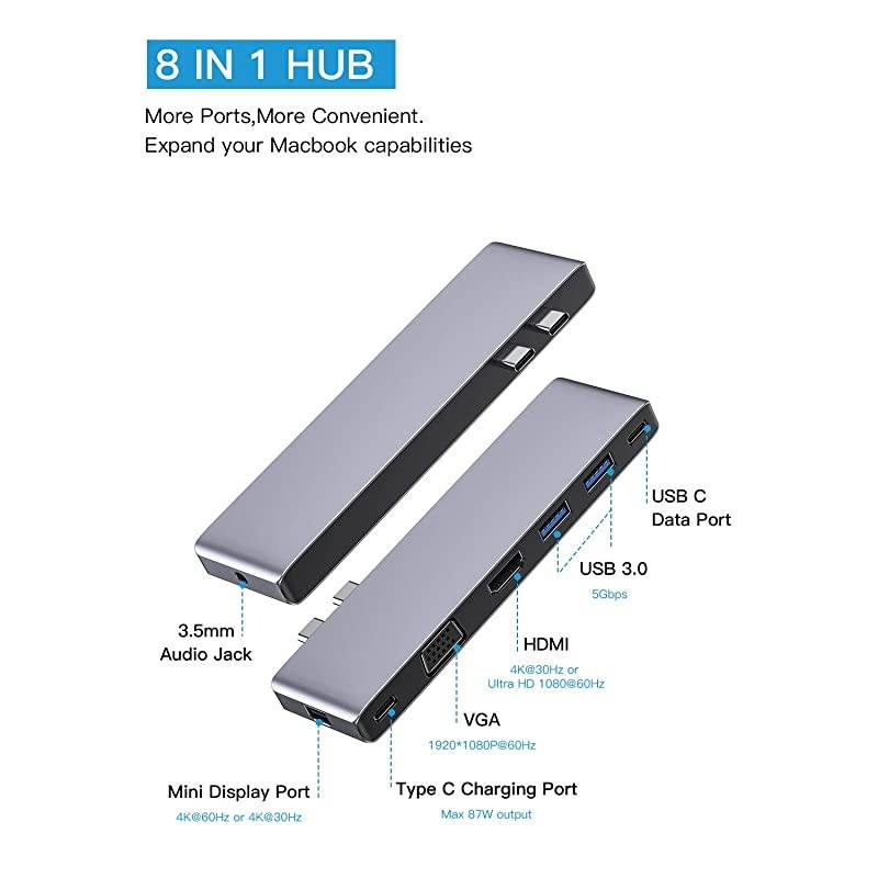 C Hub8 in 1 C to HDMI 4KMini Displayport1080P VGA2 30C Charging Port35mm Audio Jack Compatible with MacBook Pro 20202019201820172016MacBook Air 20192018