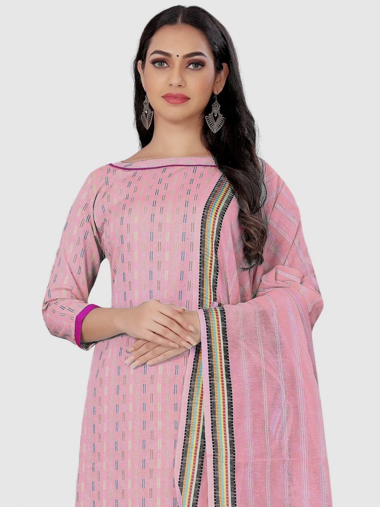 APNISHA Pink Cotton Striped Unstitched Dress Material
