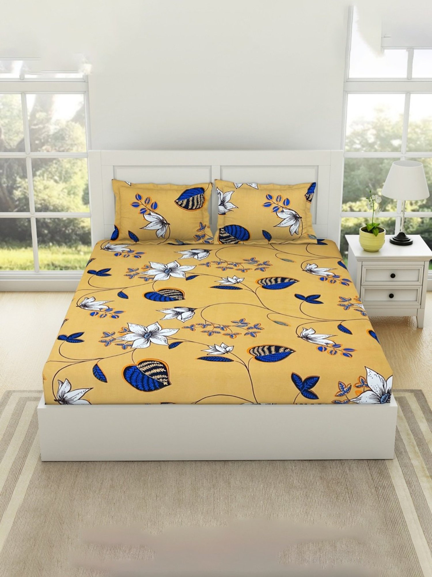 Welspun Printed Yellow Microfiber Double Bedsheet with 2 Pillow Covers