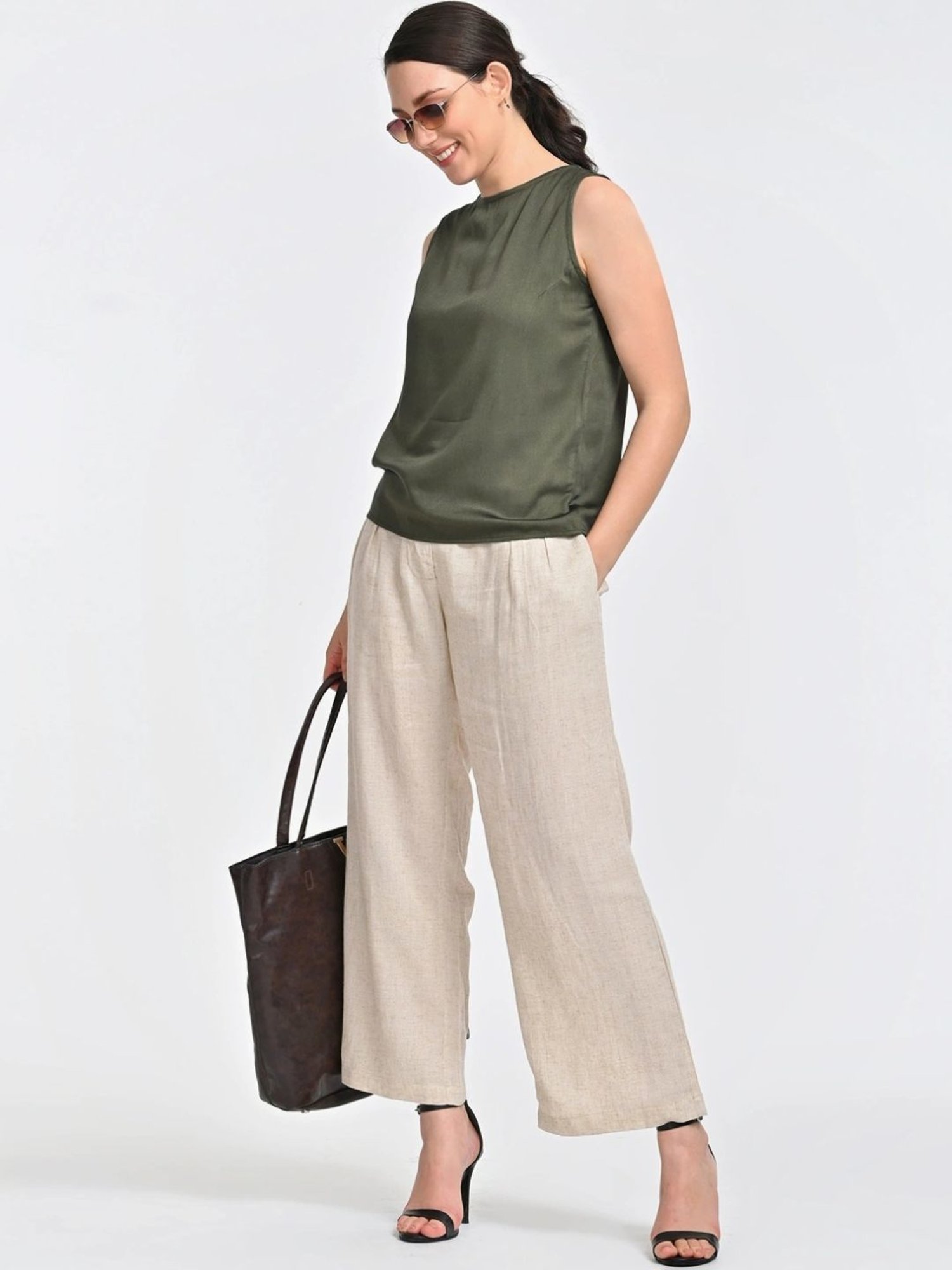 Saltpetre Olive Shell Top With Beige Trouser Co-ords Set