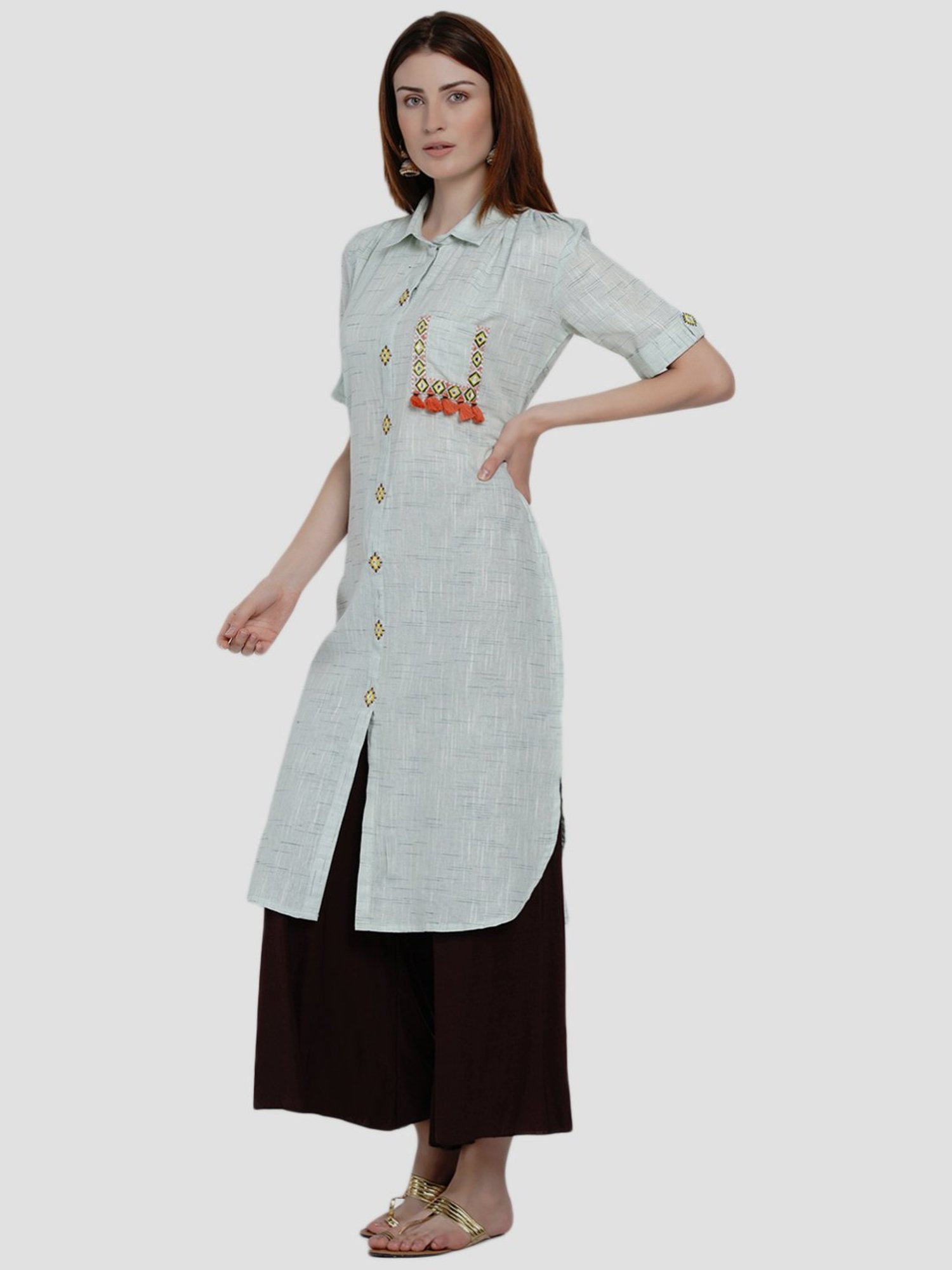 Women Republic Grey Cotton Embroidered Straight Kurta