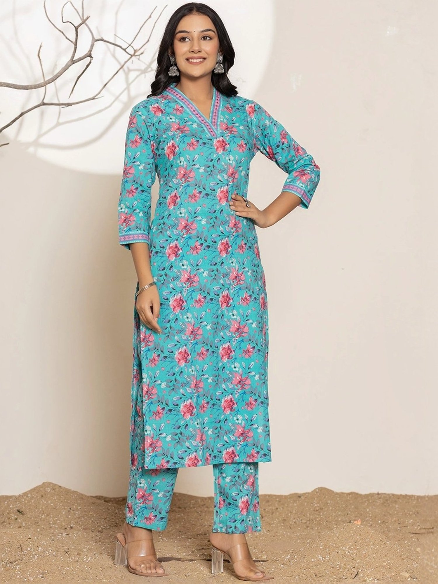 Yufta Sea Green Cotton Printed Kurta Pant Set