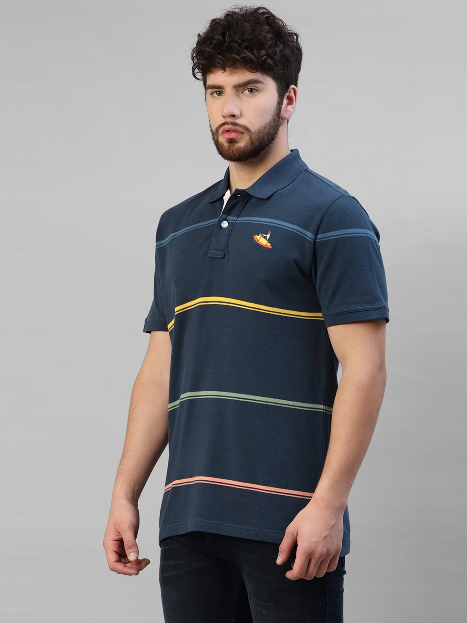 Royal Enfield Navy Regular Fit Thick & Thin Pin Polo T-Shirt