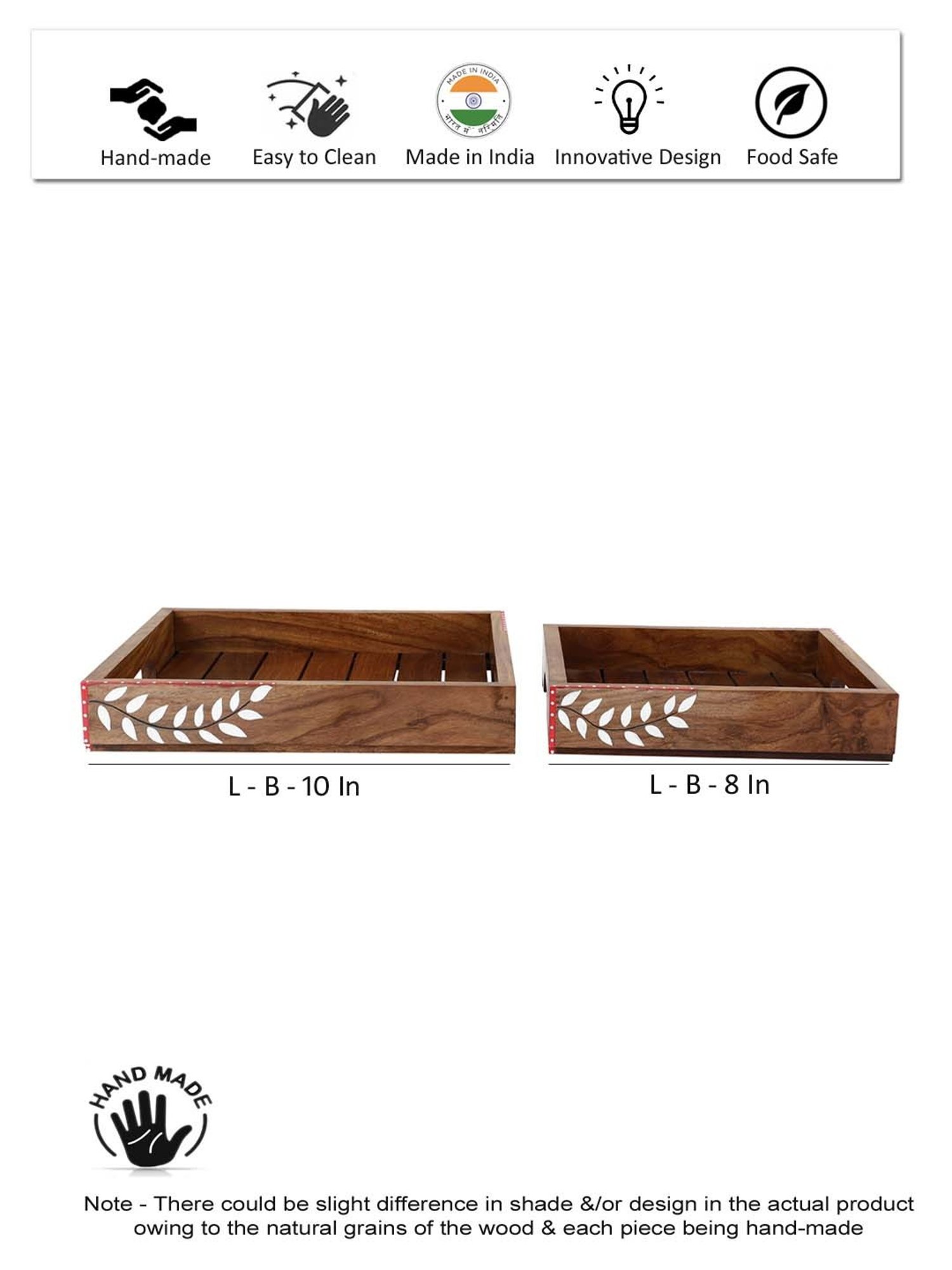 VarEesha Snow Leaf Brown Sheesham Wood Serving Tray - Set of 2