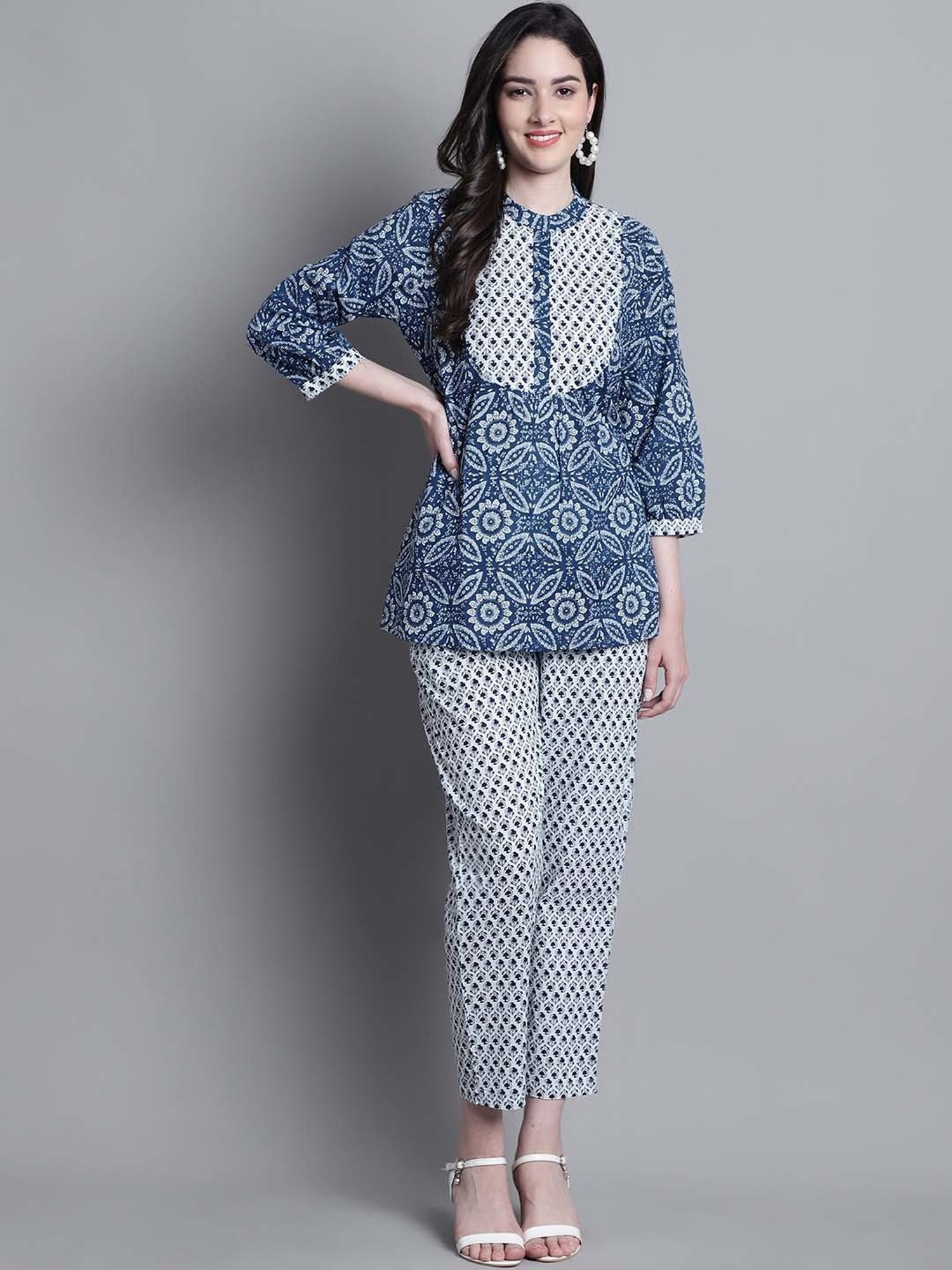 Prakrti Blue & White Cotton Printed Top Pant Set