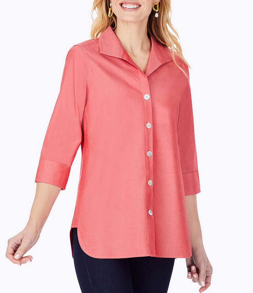Foxcroft Pandora Solid Non-Iron Pinpoint Oxford Button Front Wing Collar Neck 3/4 Sleeve Tunic
