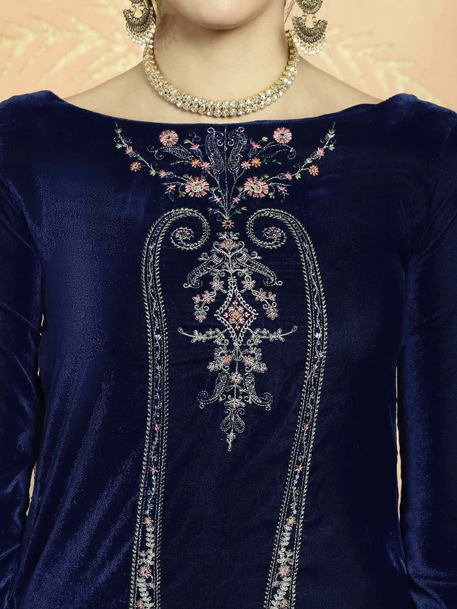 Stylee LIFESTYLE Navy Embroidered Unstitched Dress Material