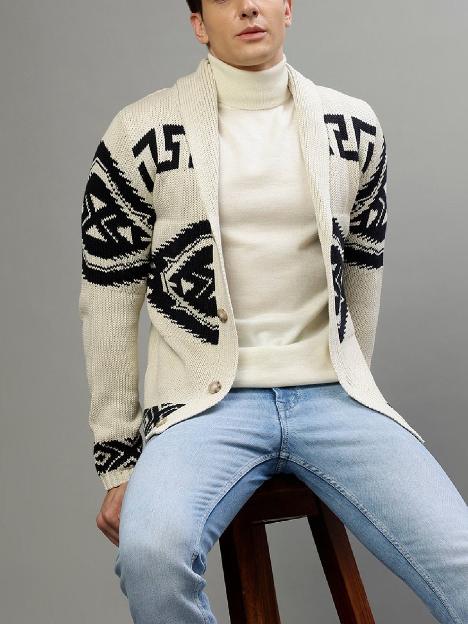 Lindbergh Beige Cotton Regular Fit Self Pattern Sweaters