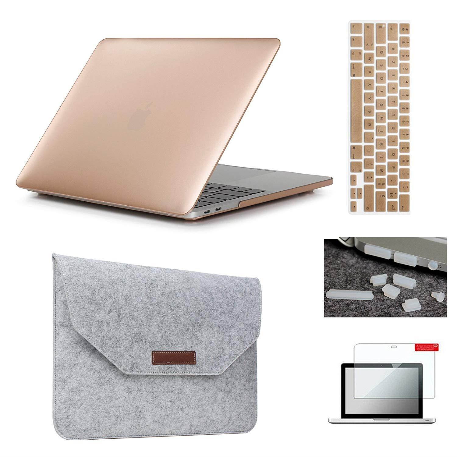MacBook Pro 15"(2016 & 2017 Release) Hardshell Case & Felt Sleeve[5 in 1 Bundle] with Screen Protector,Keyboard Cover & Dust Plug for Latest MacBook Pro 15" A1707 w/Touch Bar Touch ID - Gold