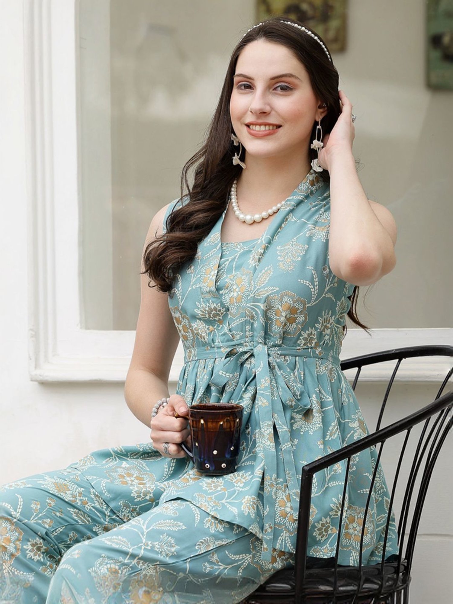 Stylum Aqua Blue Floral Print Top & Pants Set