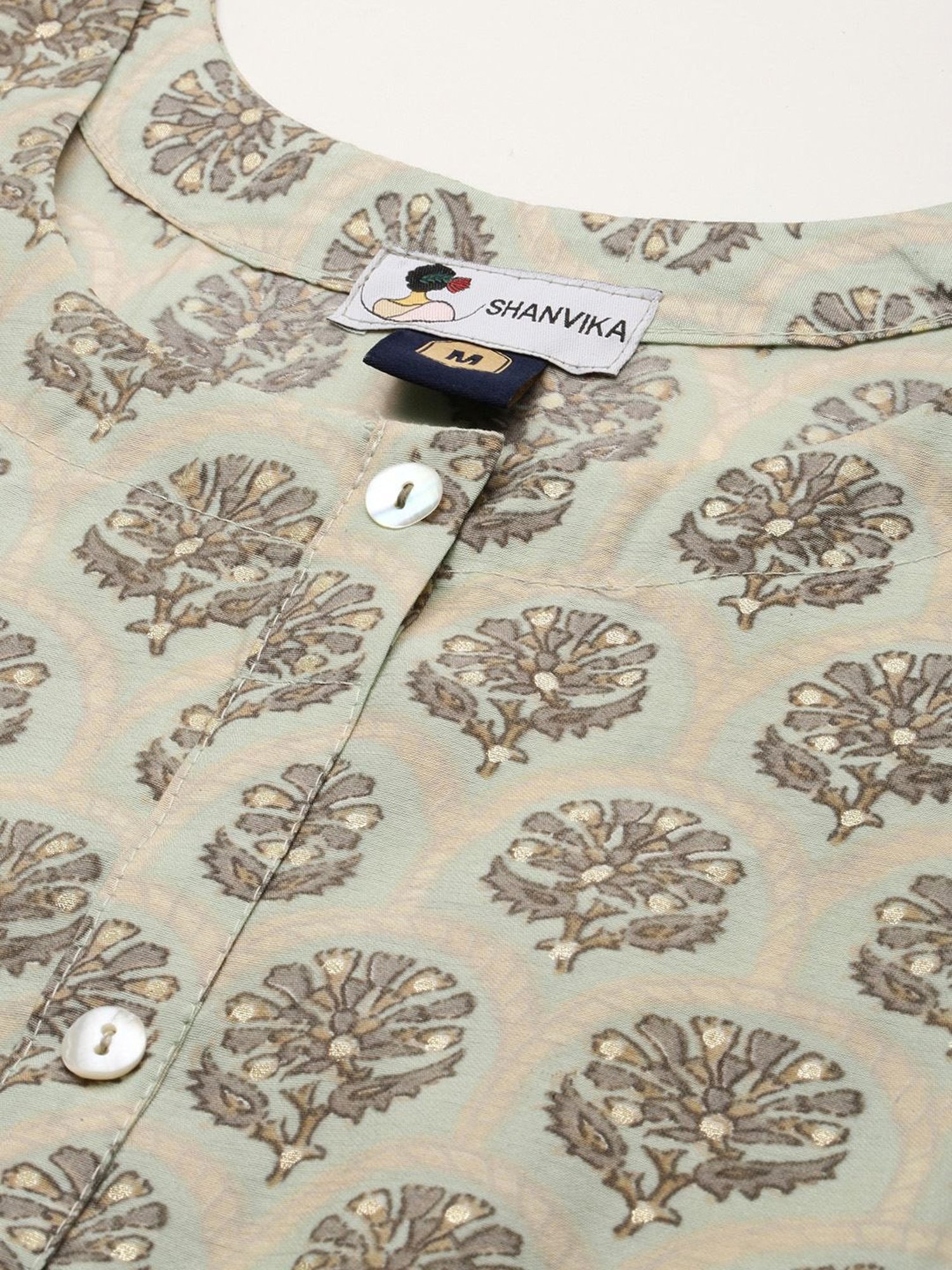 SHANVIKA Green Printed Cotton Silk A Line Kurta