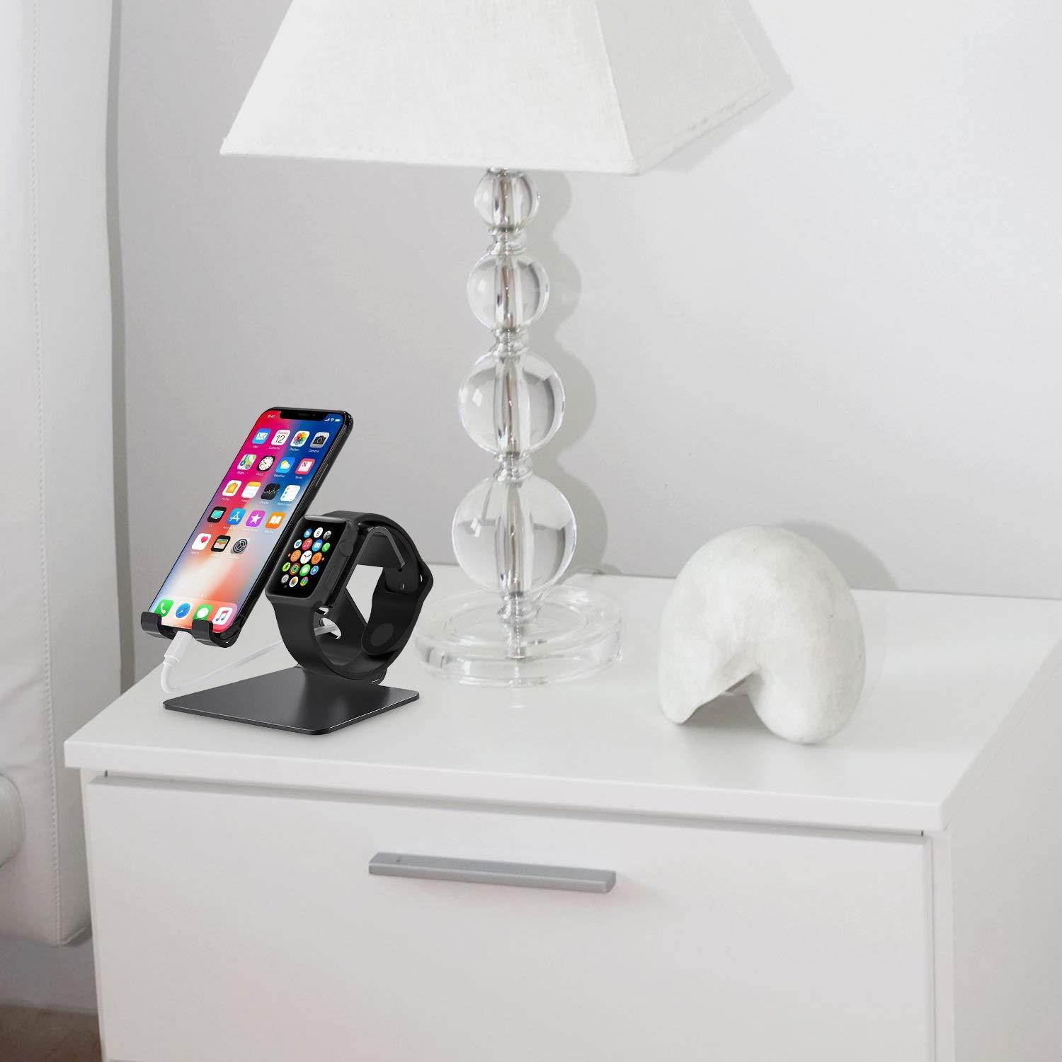 Apple Watch Stand, OMOTON 2 in 1 Universal Desktop Stand Holder for iPhone and Apple Watch (Both 38mm/40mm/42mm/44mm) (Black)