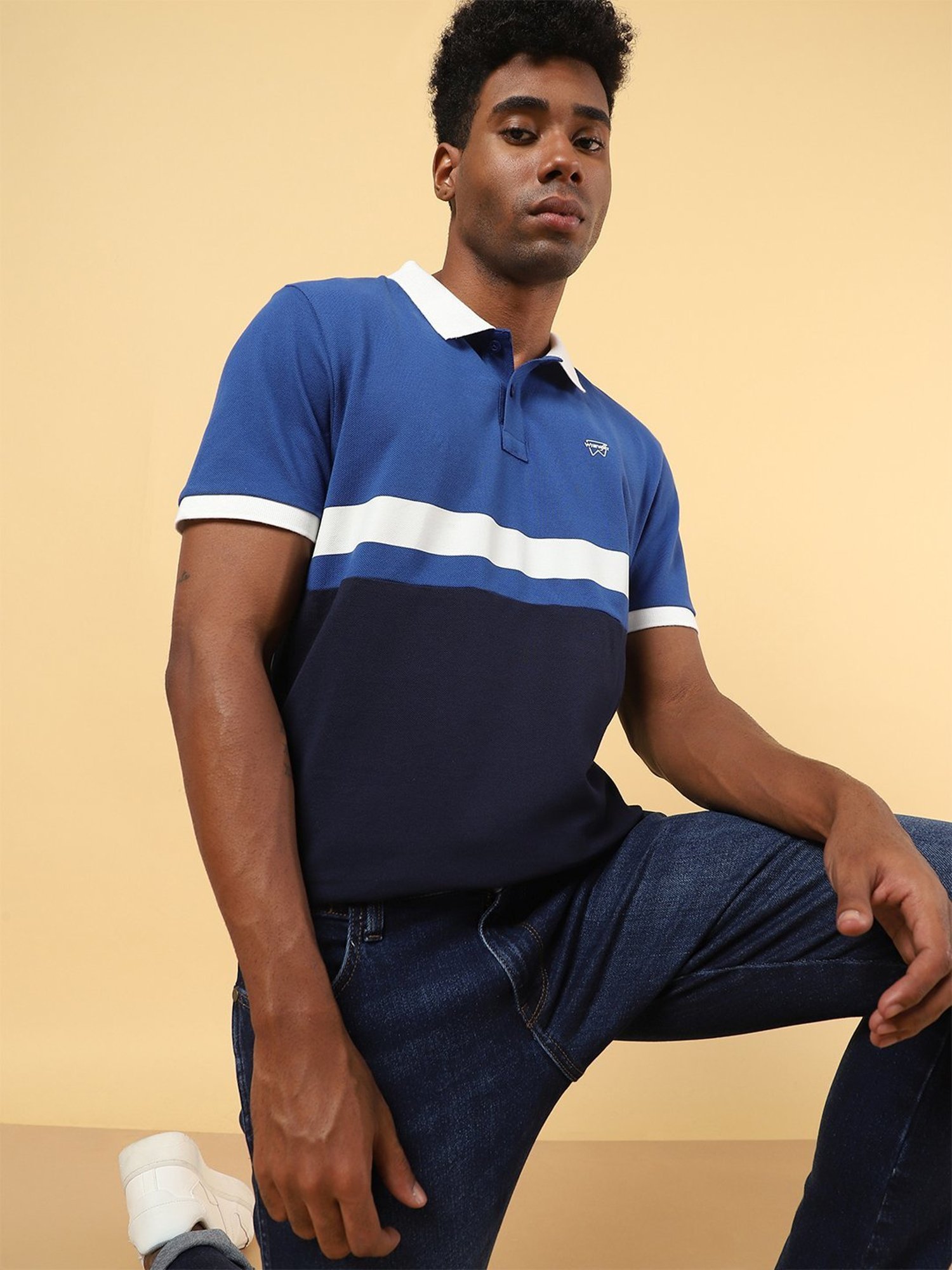 Wrangler Blue Cotton Regular Fit Colour Block Polo T-Shirt