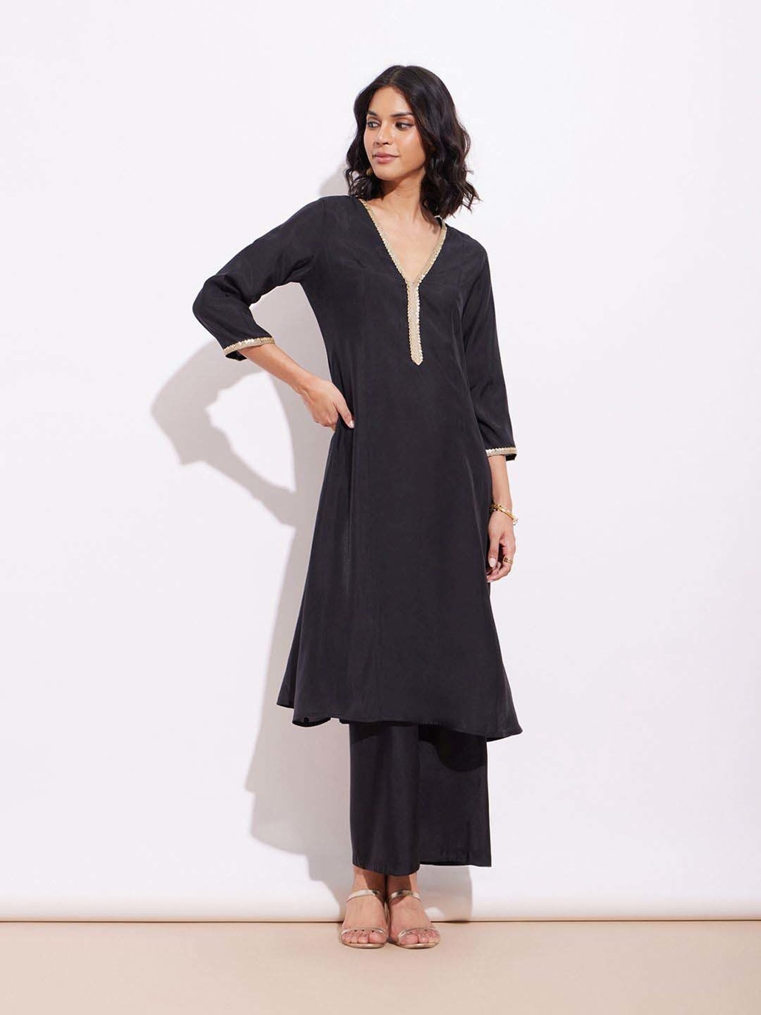 Pink Fort Black Plain Kurta Palazzo Set