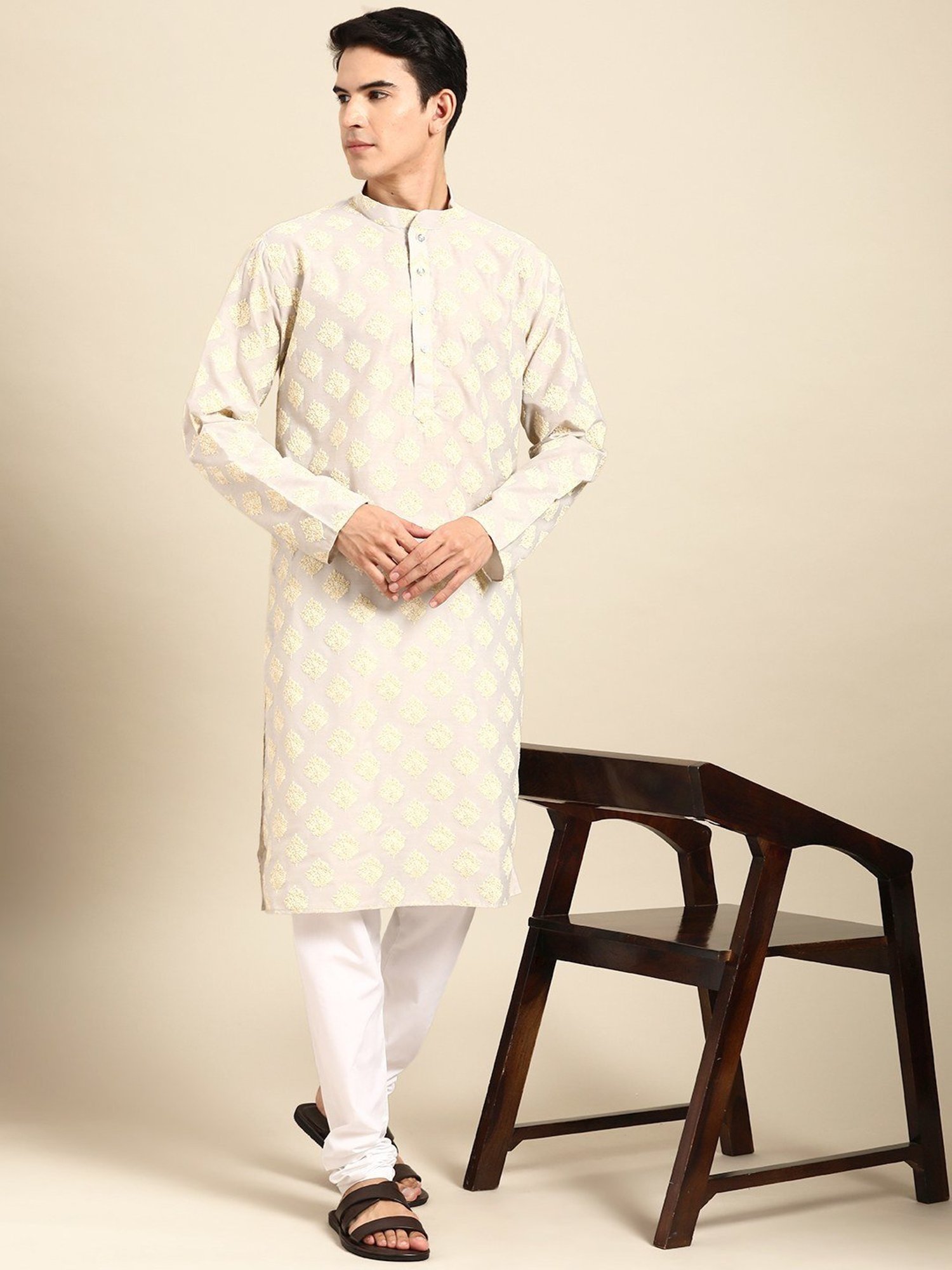 ManQ Grey & White Regular Fit Printed Kurta Bottom Set