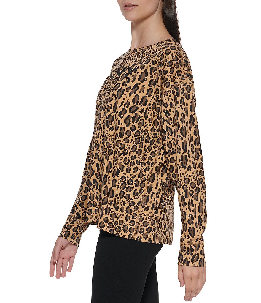 DKNY Sport Long Sleeve Leopard Print Crew Neck Logo Tee