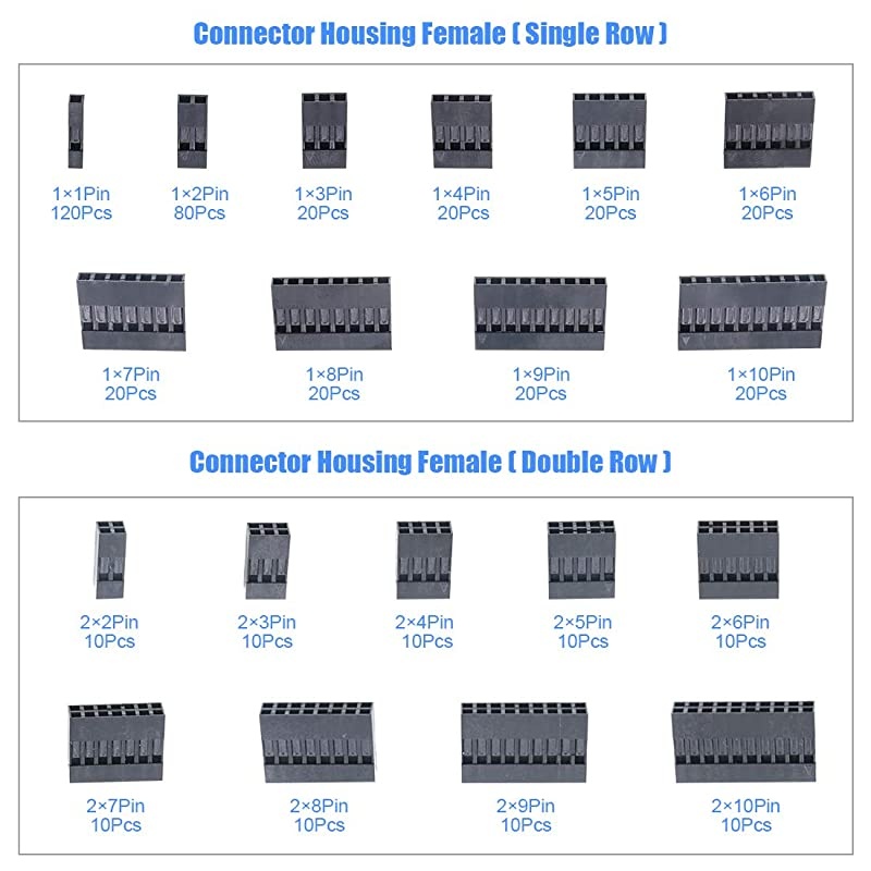 1191Pcs 254mm Pitch 1 2 3 4 5 6 7 8 9 10 Pin Housing Connector and Male Female Crimp Pins with Pin Header and 10 Wire Rainbow Color Flat Ribbon IDC Cable Compatible with Dupont Connector Kit