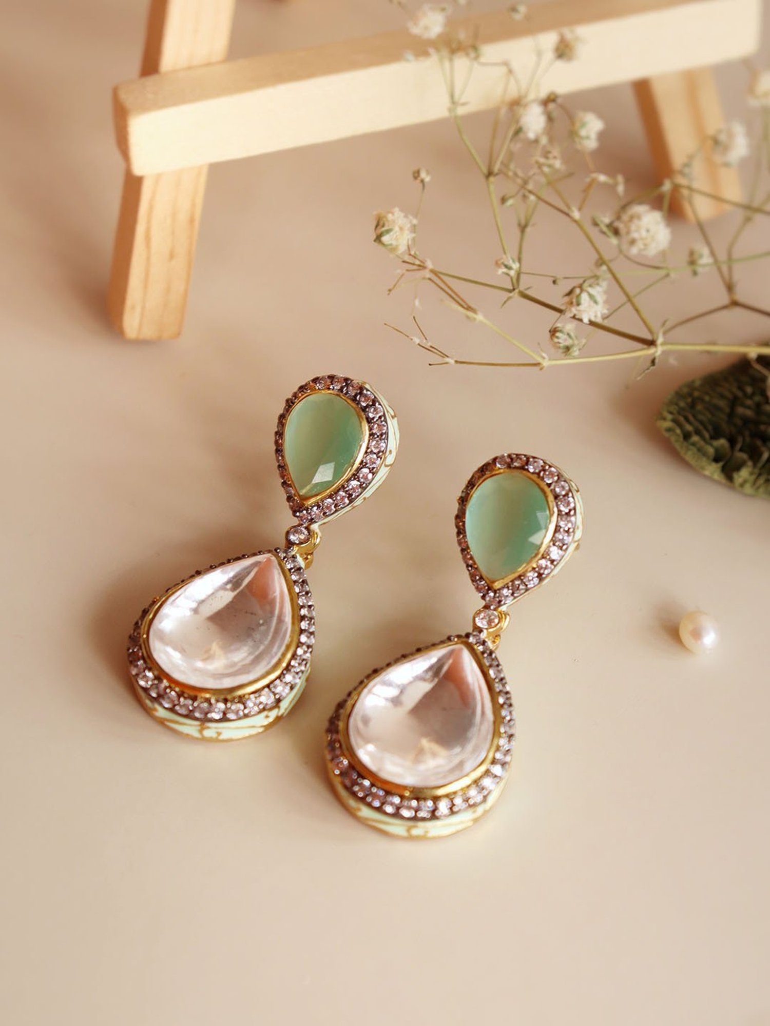 Curio Cottage Meira Kundan and Green Drop Earrings