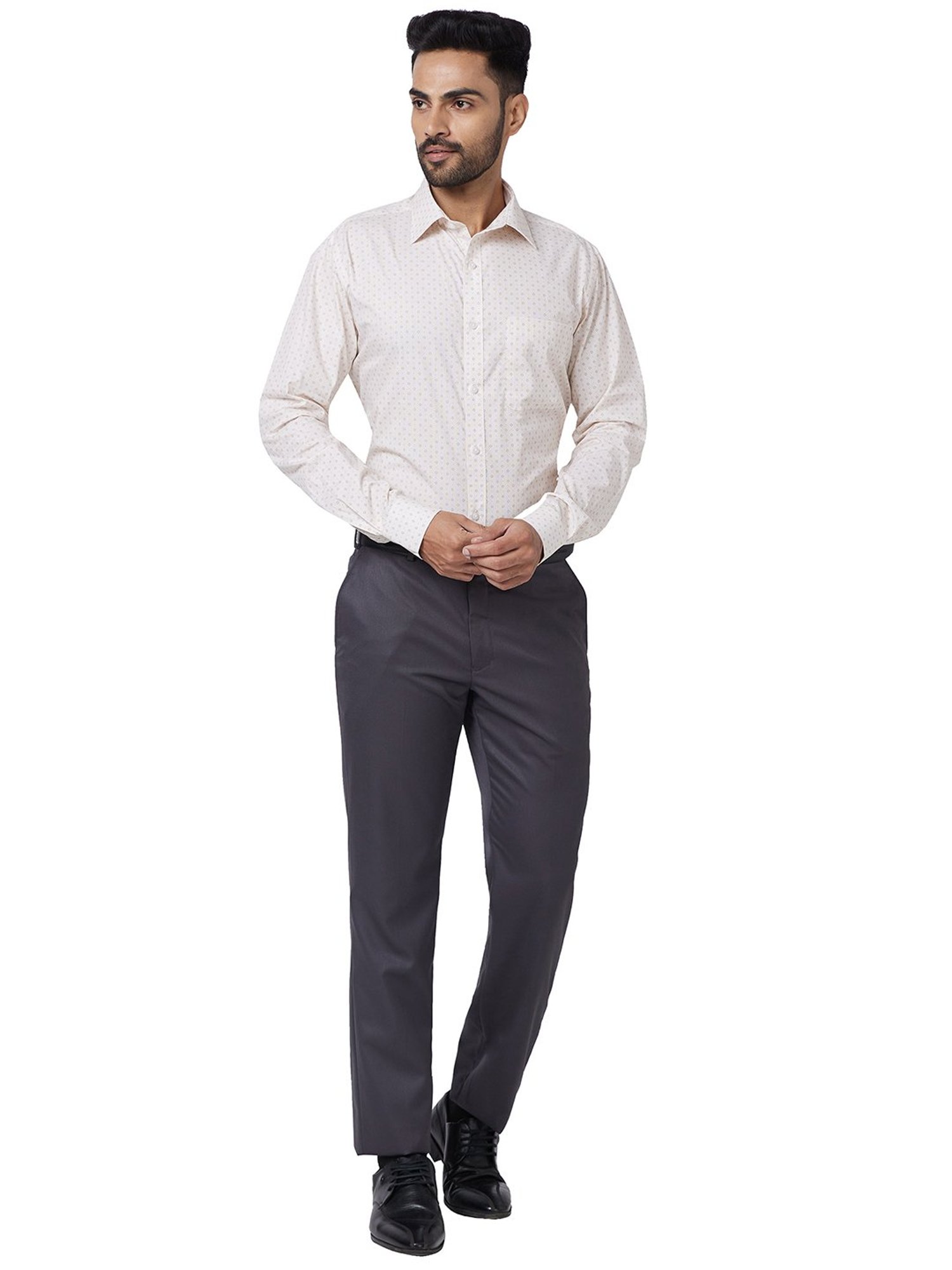 Park Avenue Grey Regular Fit Self Design Flat Front Trousers