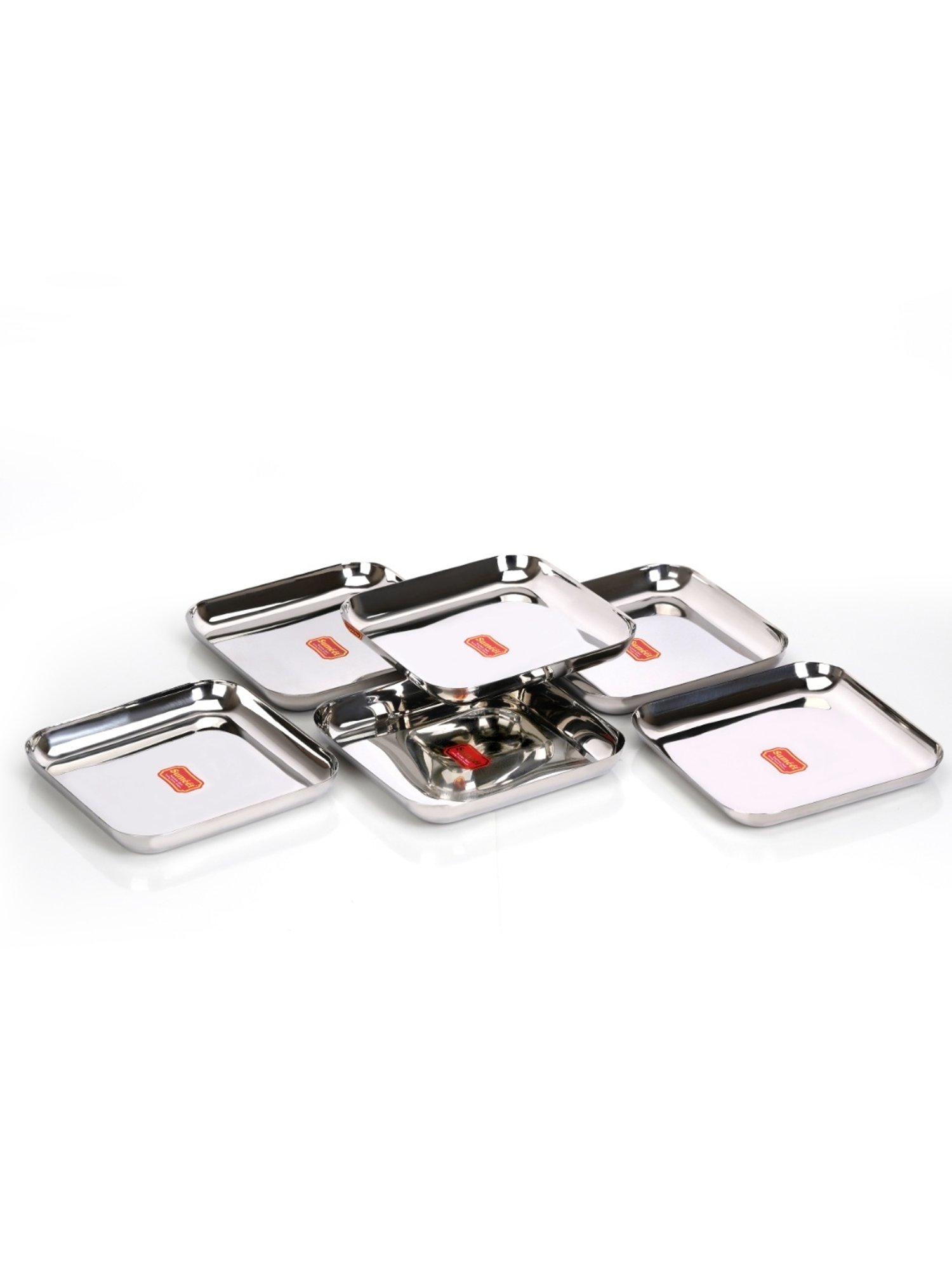 Sumeet S.S. Big Square Shape Plate/Dinner Plate/Lunch-Meal Plate Set of 6pcs, 25cm dia, Silver