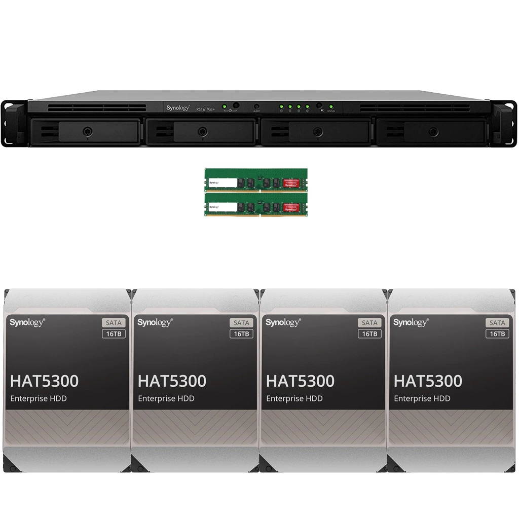 Synology RS1619xs+ RackStation with 32GB RAM and 64TB (4 x 16TB) of HAT5300 Synology Enterprise Drives Fully Assembled and Tested By CustomTechSales