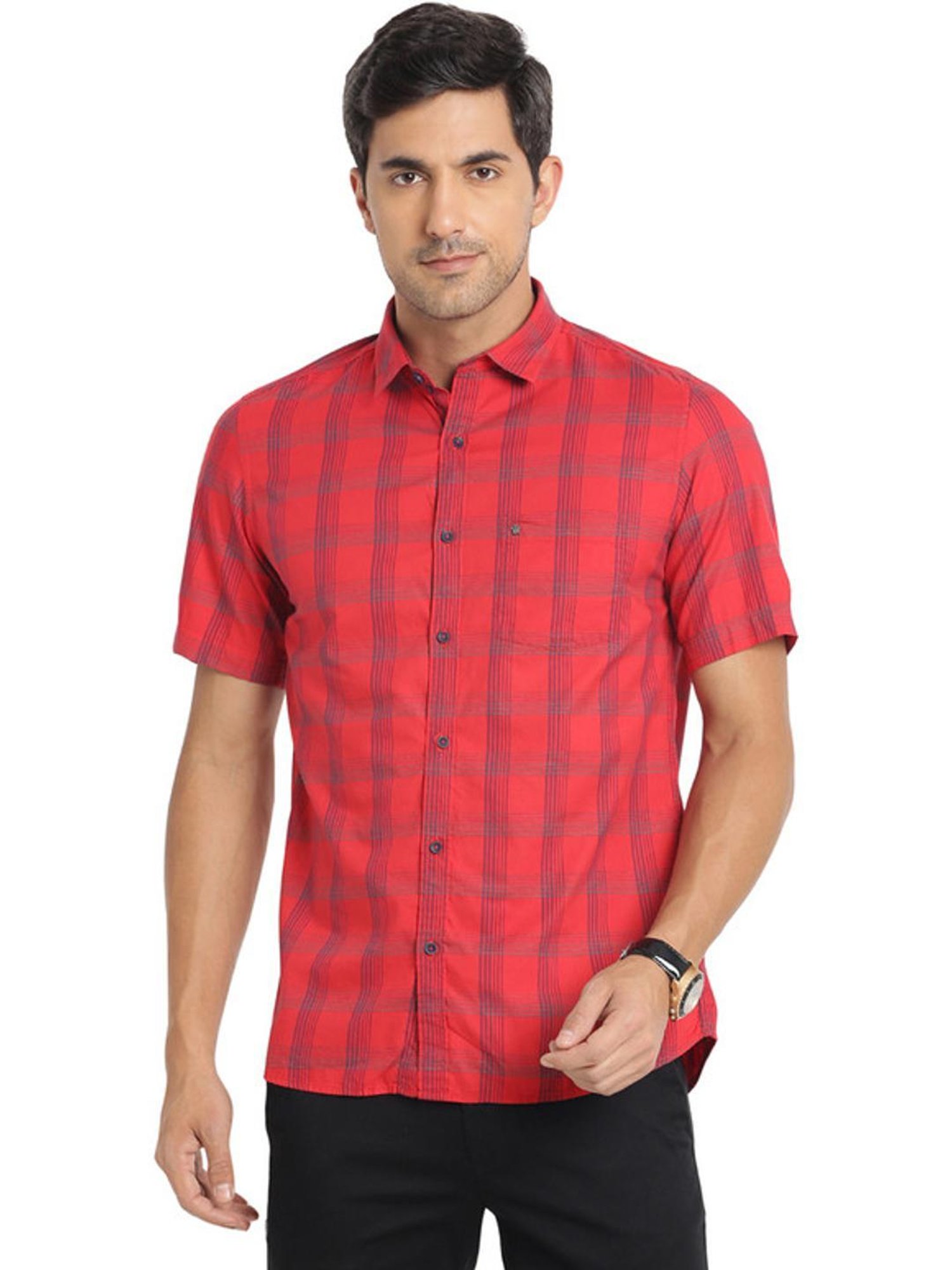 Turtle Red Cotton Slim Fit Checks Shirt
