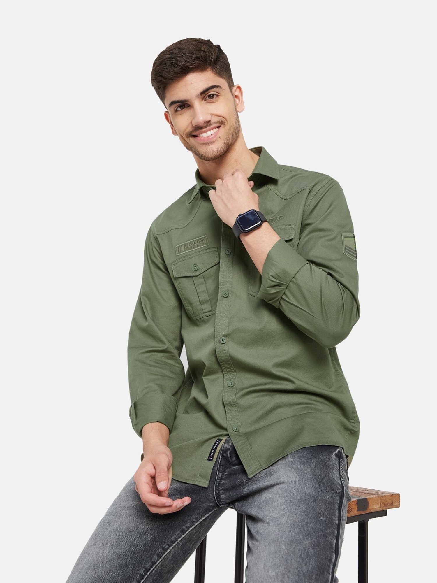 METTLE Olive Cotton Regular Fit Shirt