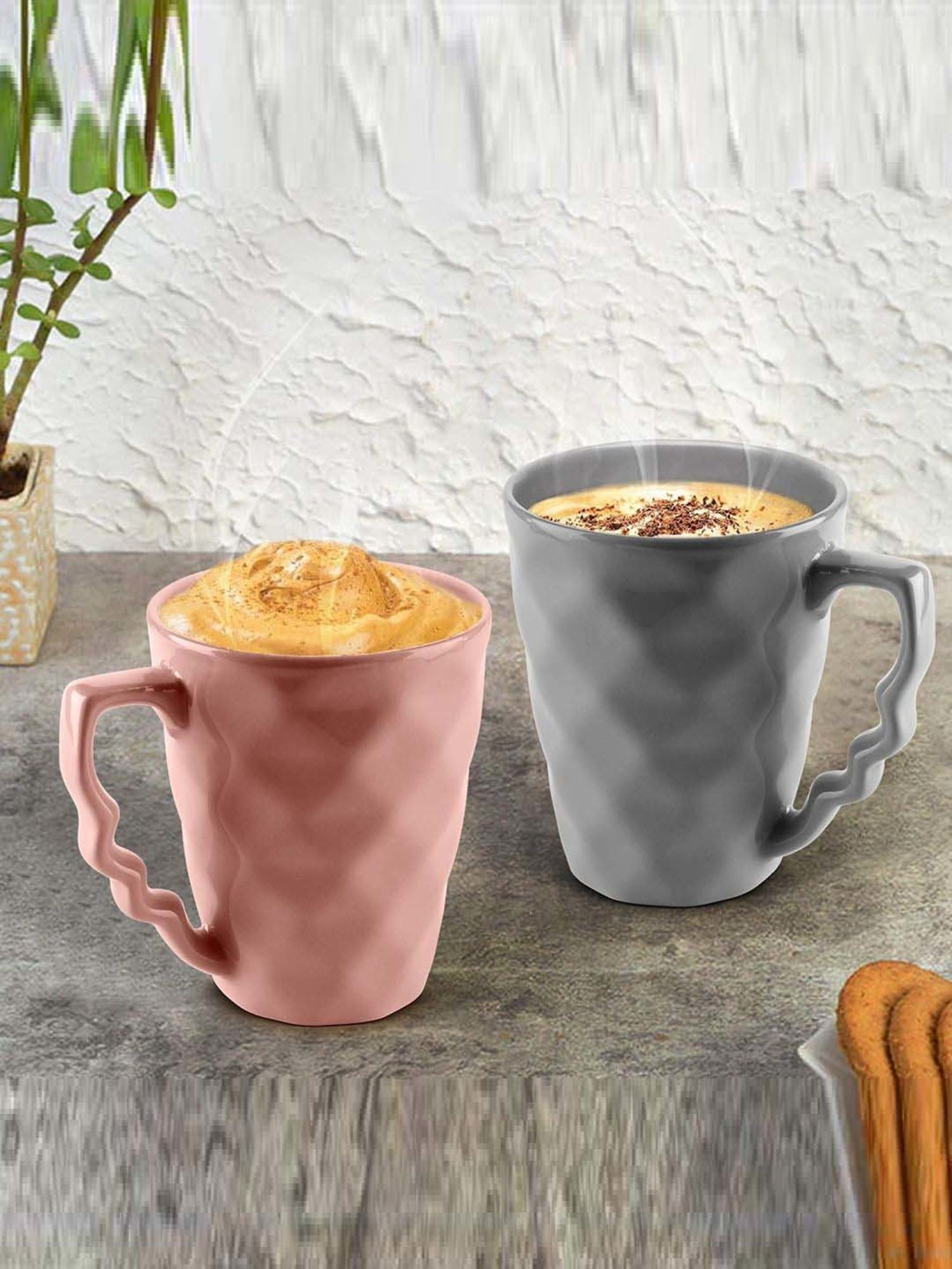 Urban Chef Pink & Grey Ceramic Microwave Safe Coffee Mug With Handle (0.225 L) - Set of 2