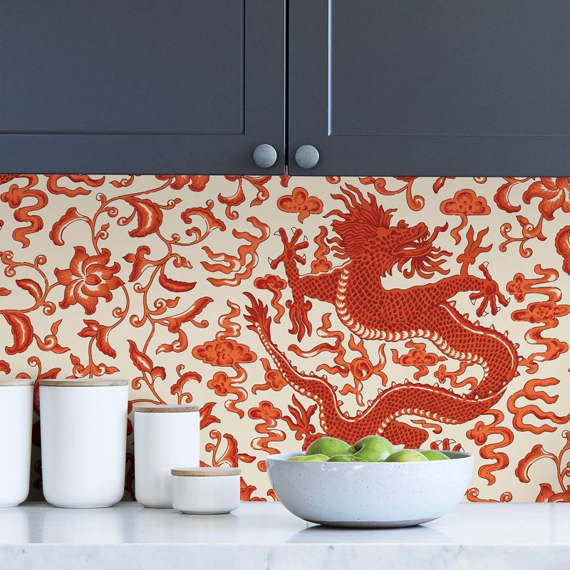 Brewster Persimmon Chi'en Dragon Scalamandre Self Adhesive Wallpaper