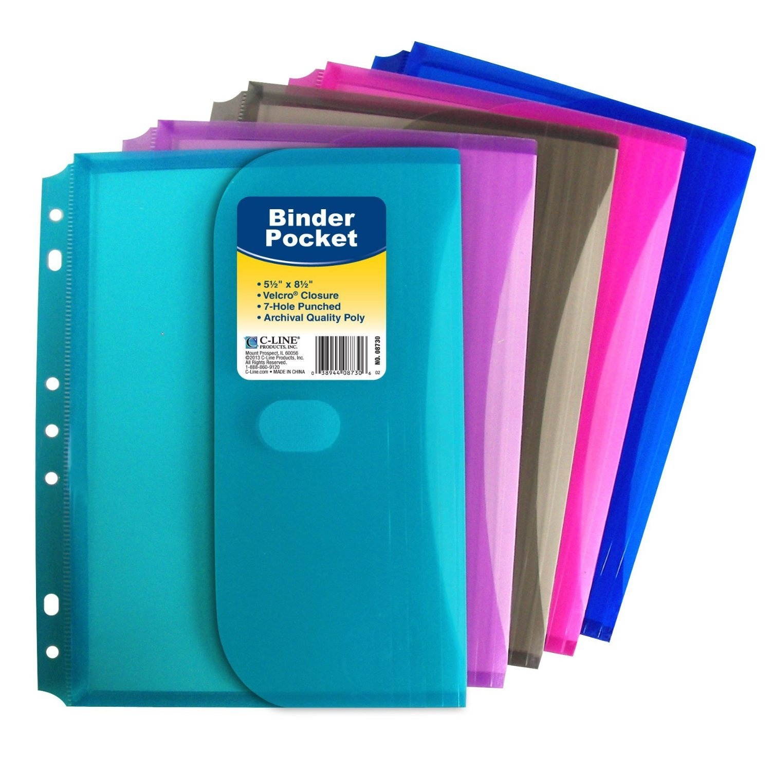 C-Line Super Heavyweight Poly Mini Size Binder Pocket, 5.5 x 8.5 inches, 7-Hole Punched, Set of 3 Pockets, Color May Vary (08730)