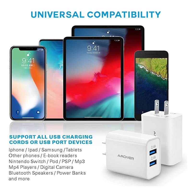Wall Charger, 2Pack 24W 2-Port USB Plug Cube Travel Wall Charger for iPhone 12/Mini/11/Pro/ProMax/Xs/XS Max/XR/X/8/7, Galaxy10/9, Note10/9, and More