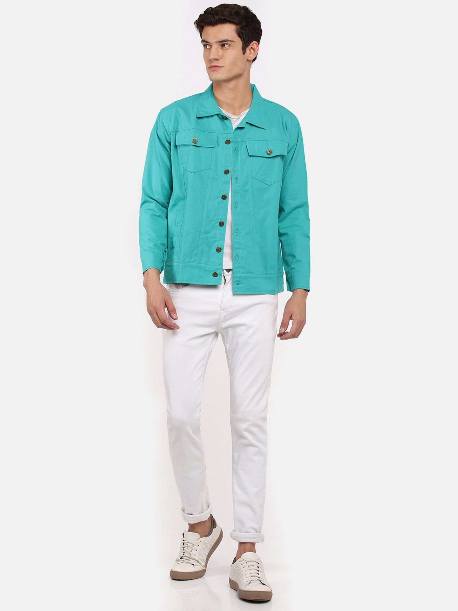 VOXATI Turquoise Full Sleeves Shirt Collar Denim Jacket