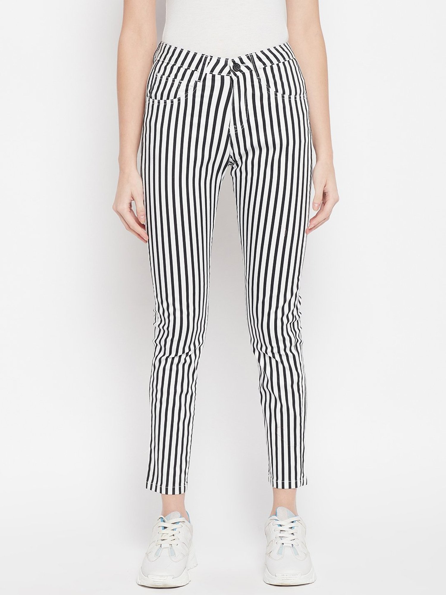Crozo By Cantabil White Striped Regular Fit Mid Rise Trousers