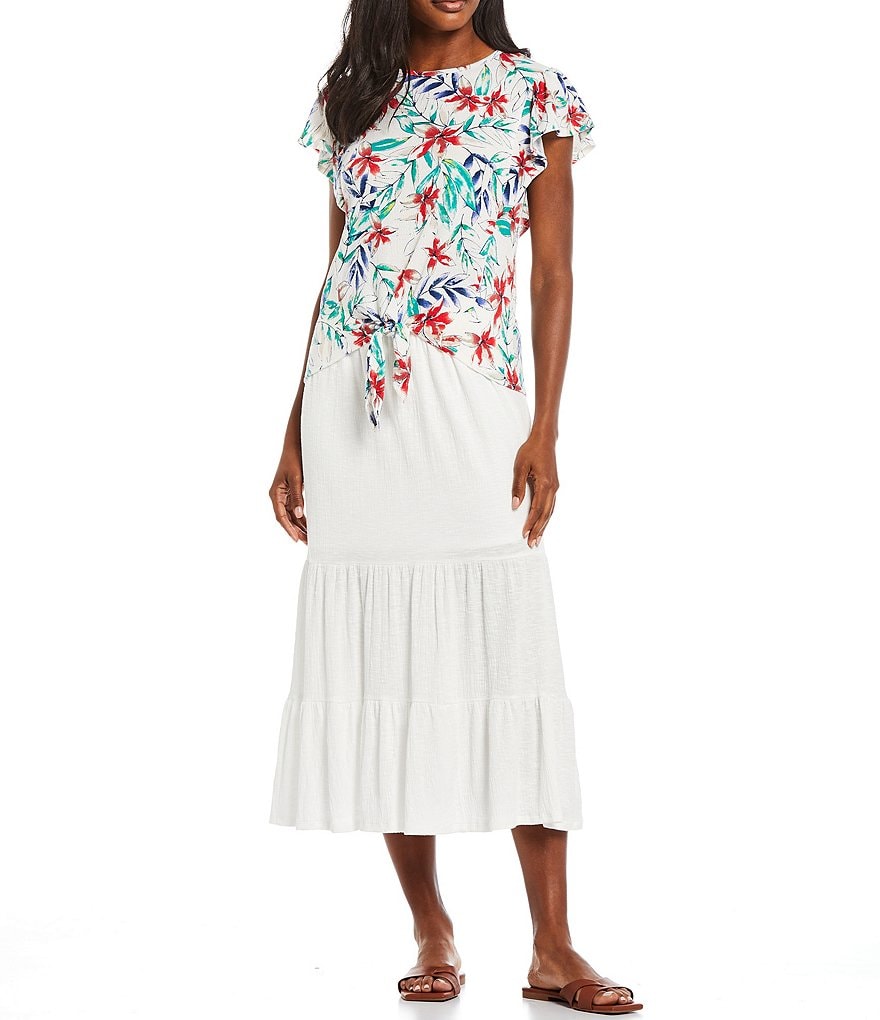 I.N. Studio Tropical Floral Print Knit Ruffle Dolman Cap Sleeve Tie-Front Top