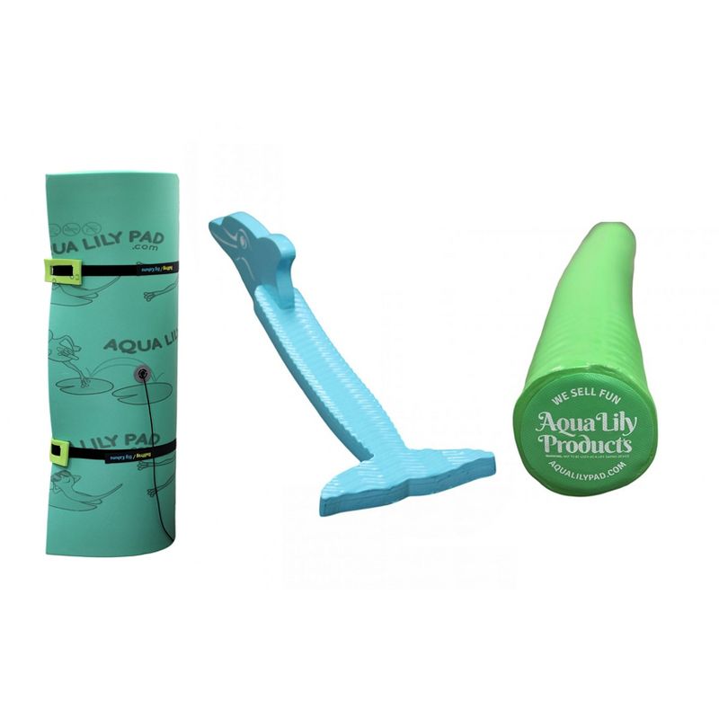 Aqua Lily Pad 20' Bullfrog Floating Foam Island, Yellow w/Dolphin Swimming Pool Noodle, Aqua Marine & Foam Pool Noodle Float, Lime Green