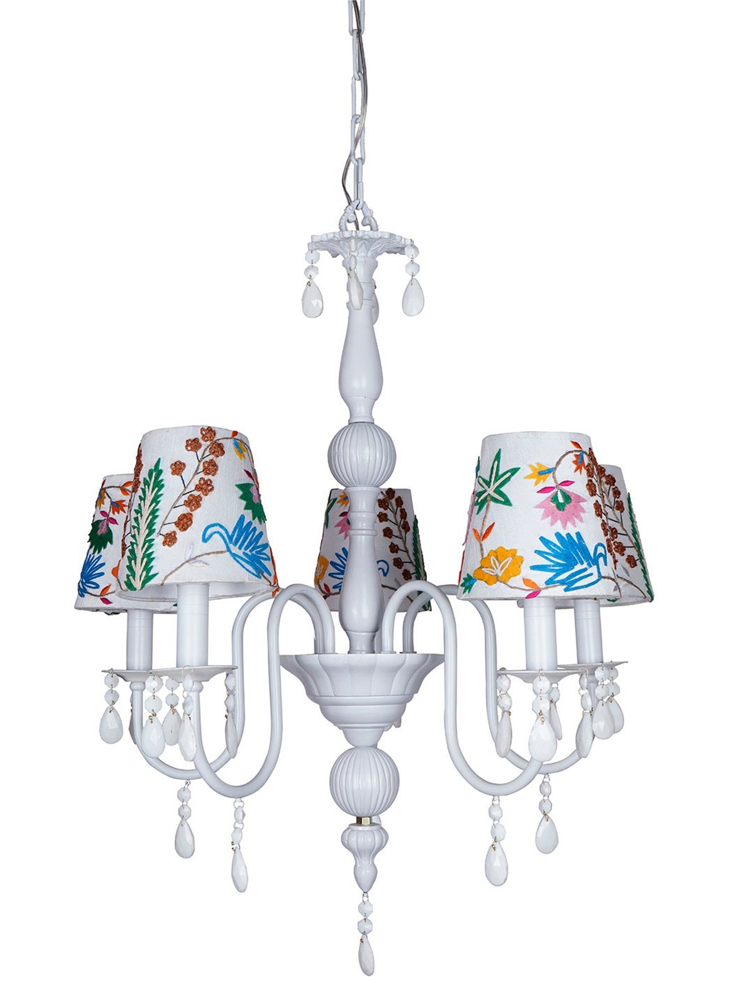 FOS LIGHTING Sparkling Blooms White Mild Steel 5 Light Chandelier with Embroidered Florals