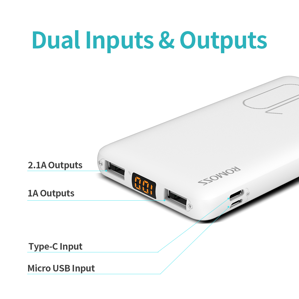 ROMOSS Power Bank 10000mAh (17mm) Ultra Slim Portable Charger with Dual Output Port Powerbank with LED Display Ultra-Compact External Battery for Smartphone, iPhone, Samsung Galaxy, Tablet and More