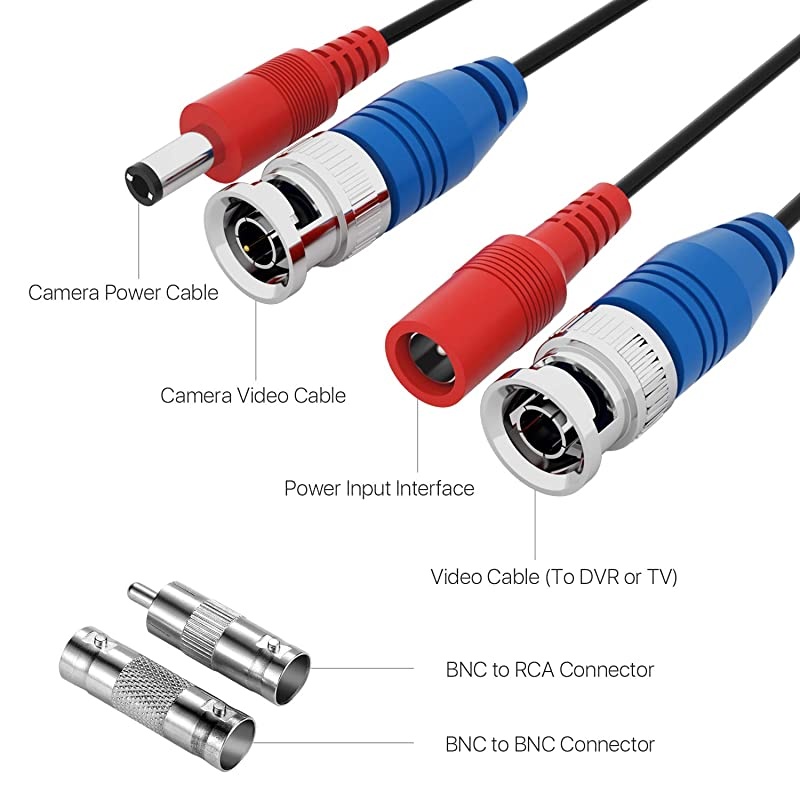 1 Pack 100ft 30 Meters 2in1 Video Power Cable BNC Extension Surveillance Camera Cables for Video Security Systems Included 1X BNC Connectors and 1X RCA Adapters