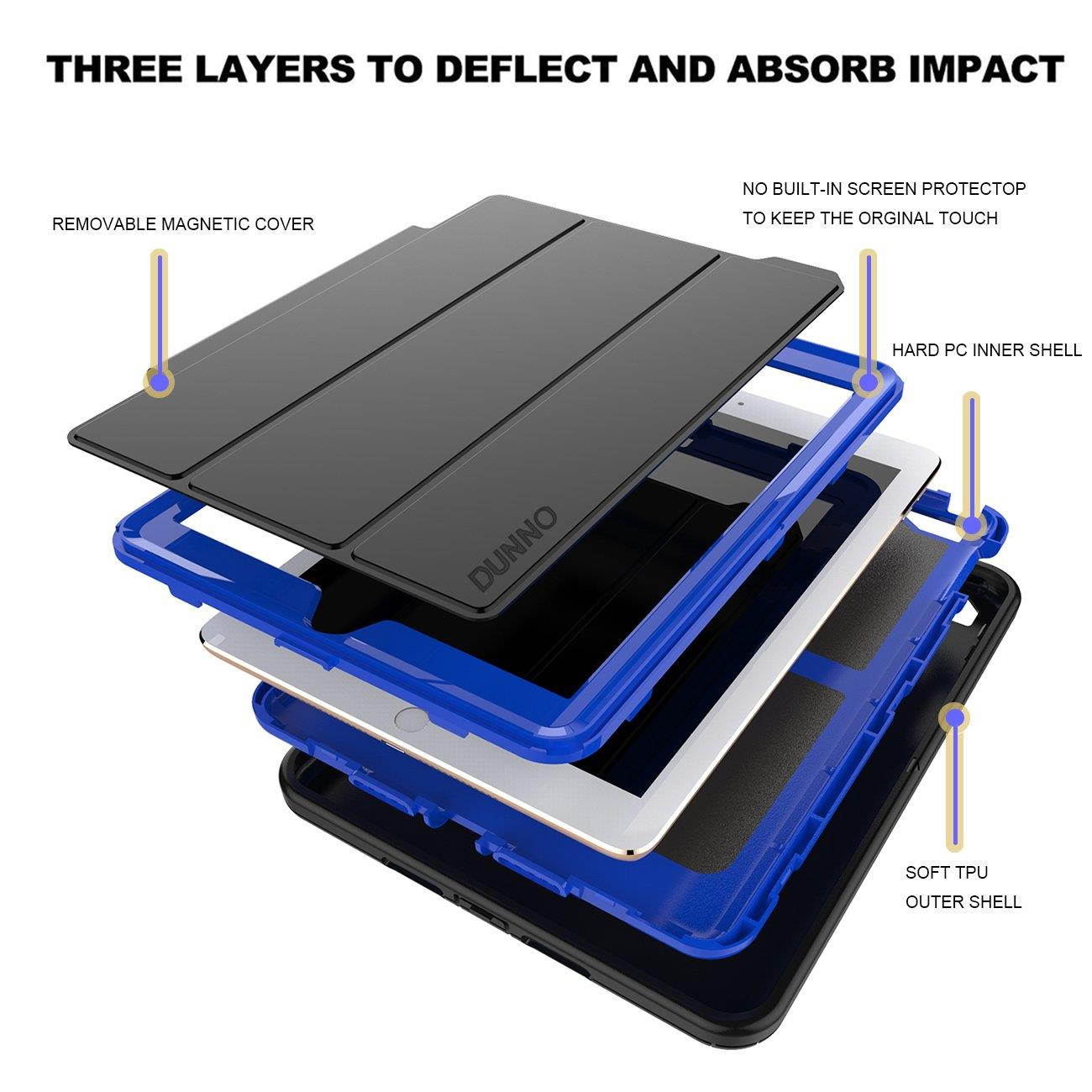 New iPad 9.7 2017/2018 case - DUNNO Heavy Duty Full Body Rugged Protective Case with Auto Sleep/Wake Up Stand Folio & Three Layer Design for Apple iPad 9.7 inch 2017/2018 (Black+Blue)