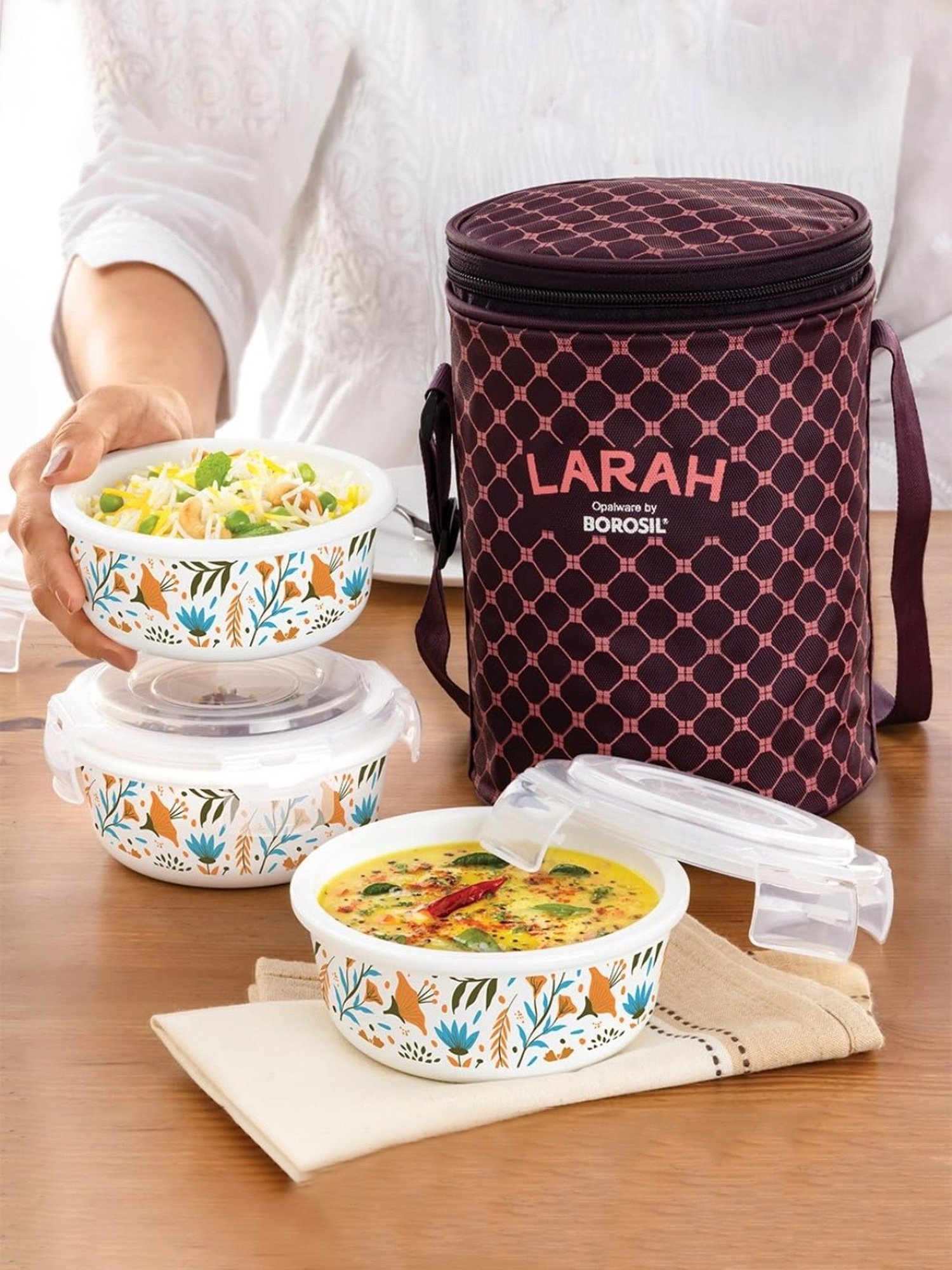 Larah by Borosil Blue Opalware Lunch Box with Lunch Bag