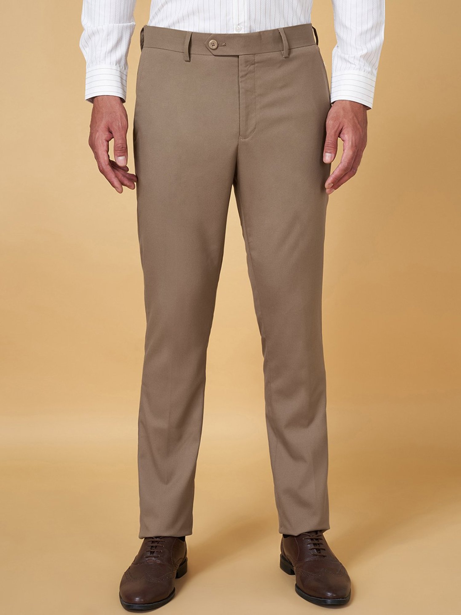 Byford by Pantaloons Tan Slim Fit Flat Front Trousers