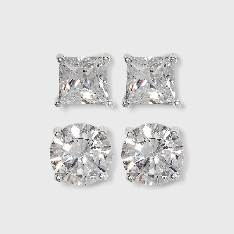Sterling Silver Cubic Zirconia Duo Stud Earring Set 2pc - A New Day™ Clear