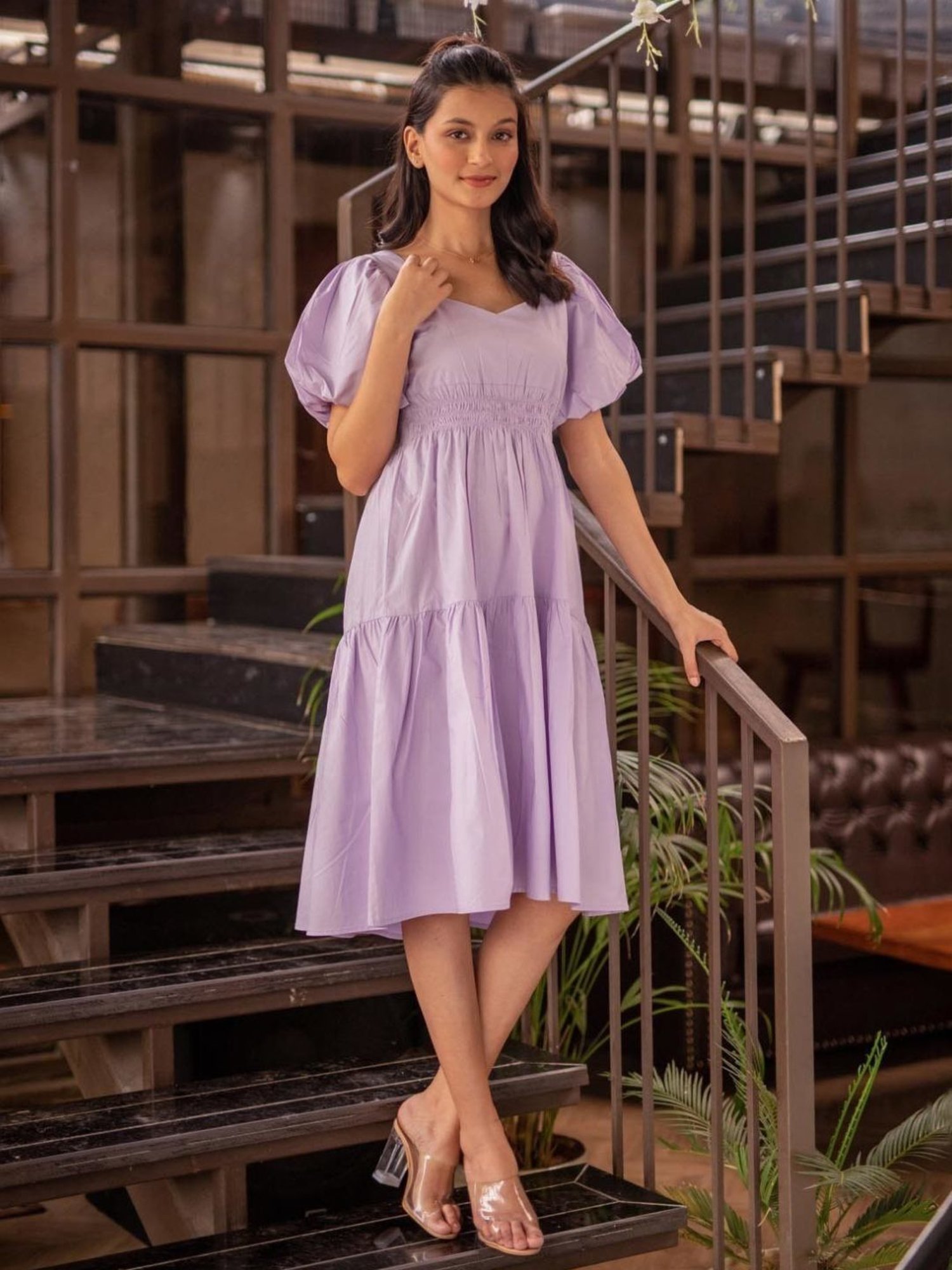 BInfinite Lavender Bishop Sleeve Shirred Waistline Dress
